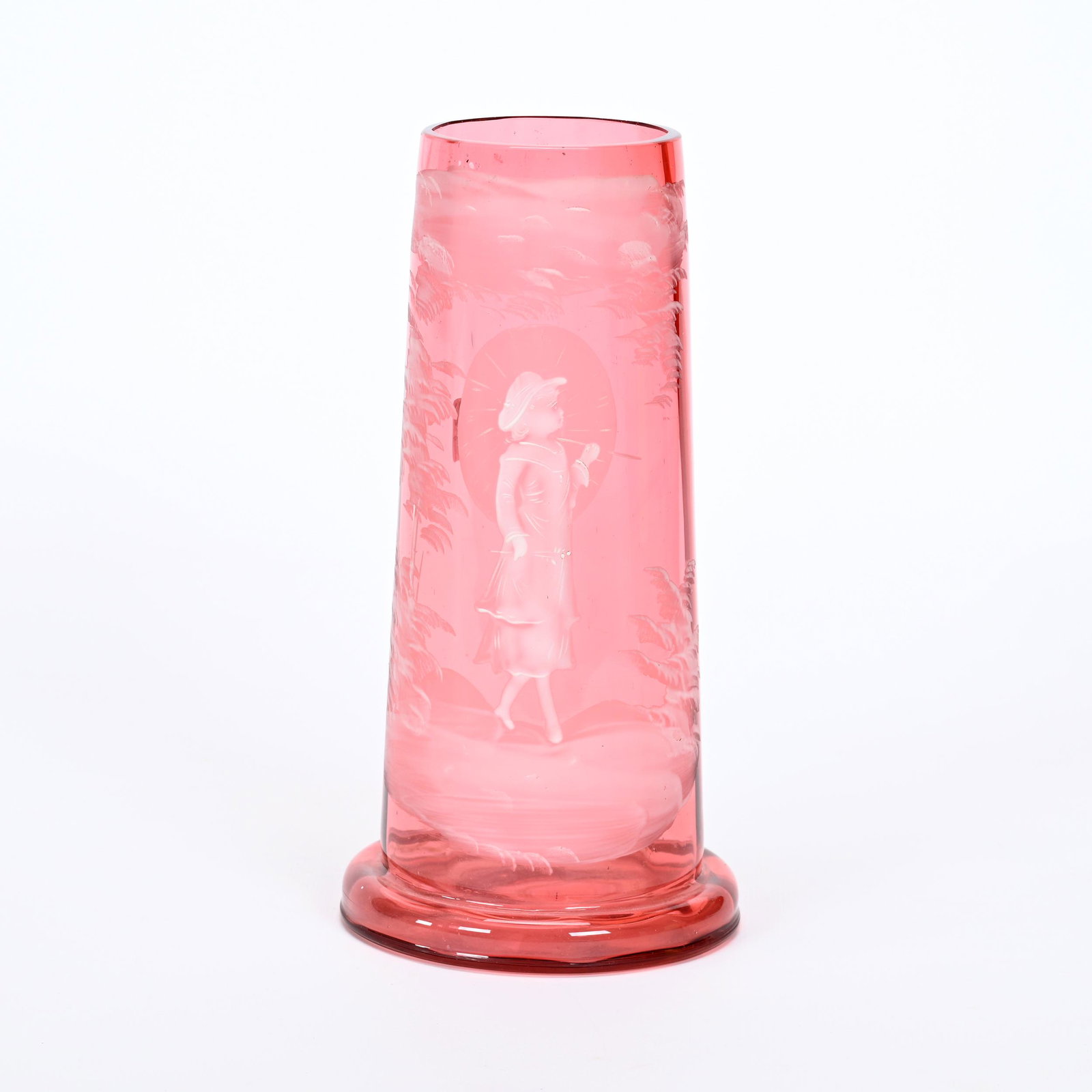 Vase, Cranberry Optic Rib Art Glass: Vase, Cranberry Optic Rib Art Glass, 8.5" x 4.25", Mary Gregory Style Scene Of Young Girl Walking With Umbrella, Private Collection.