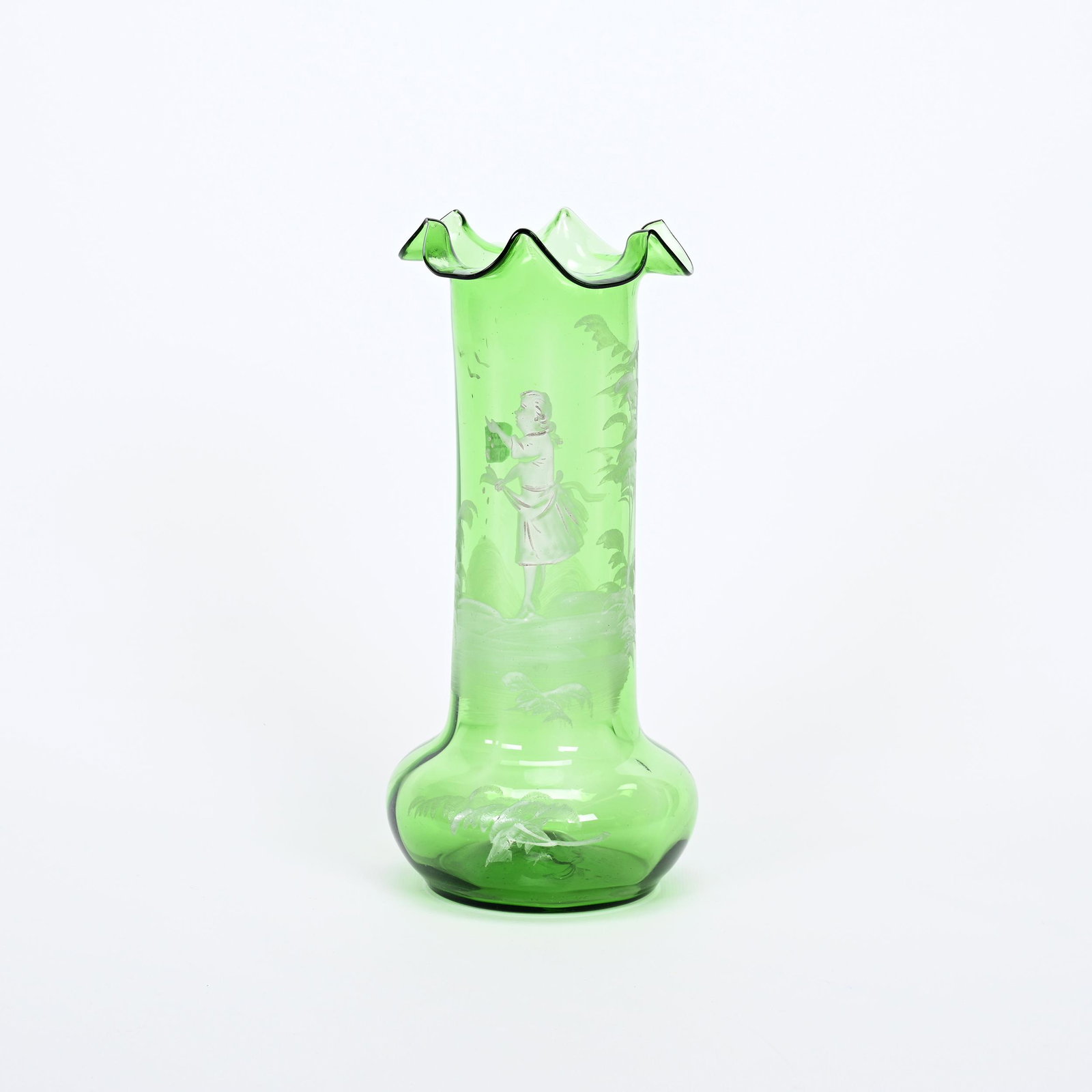Vase, Green Art Glass: Vase, Green Art Glass, 11.25" x 5.25", Mary Gregory Style Scene Of Young Girl Spreading Seeds, Private Collection.