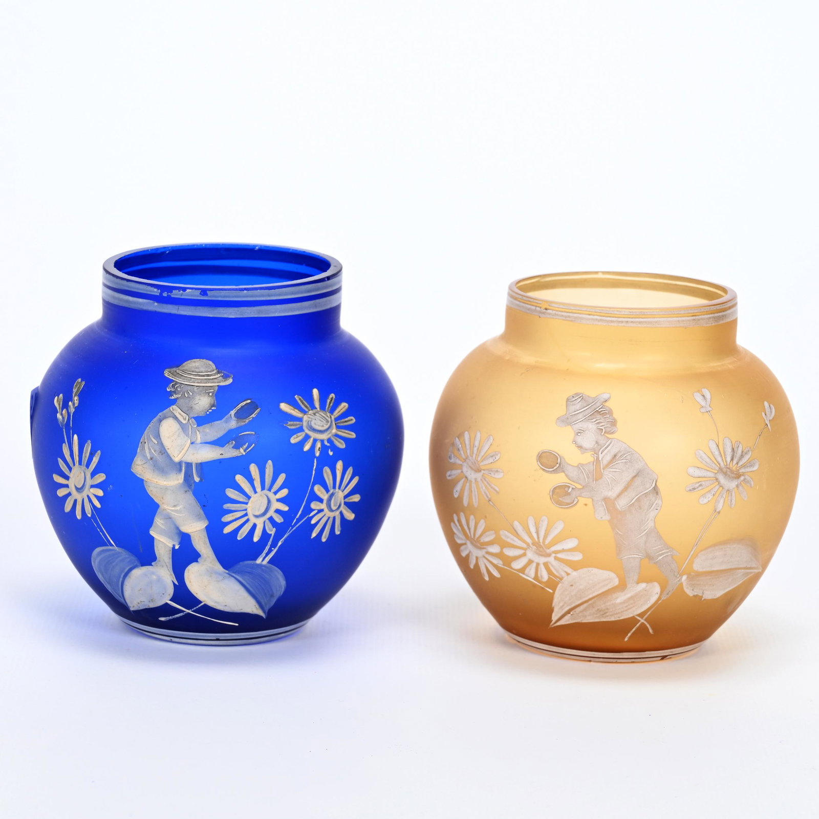(2) Vases, Florentine Cameo Art Glass: (2) Vases, Florentine Cameo Art Glass, 3.75 x 3.5", Mary Gregory Style Scene Of Young Boy, (1) Frosted Blue Vase, (1) Frosted Amber Vase, Private Collection.