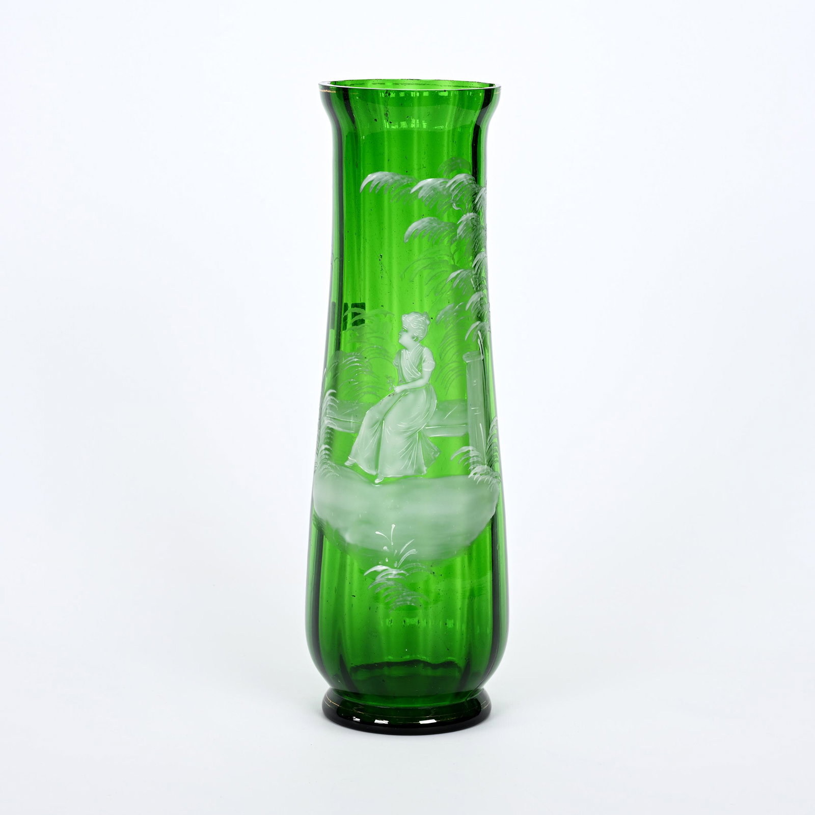 Vase, Green Optic Rib Art Glass: Vase, Green Optic Rib Art Glass, 15" x 4.75", Mary Gregory Style Scene Of Young Girl Seated On Bench, Rim Surface Chip, Private Collection.