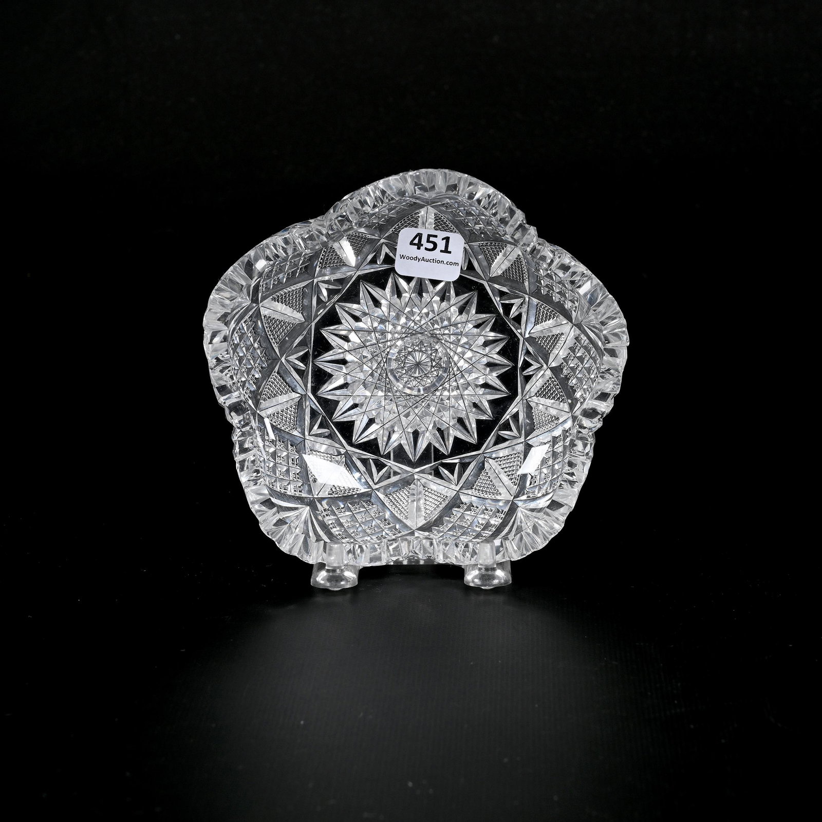 Nappy, Five-Sided, ABCG, Split Square Pattern: Nappy, Five-Sided, American Brilliant Cut Glass, Split Square Pattern, 5.5", Pattern By O'Connor, Inside Tooth Chip, Bonnie Anderson (Peterson) Collection.