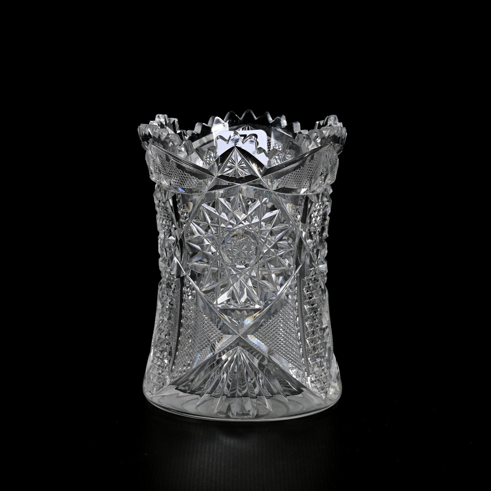 Spooner, American Brilliant Cut Glass: Spooner, American Brilliant Cut Glass, 4.75" x 3.5", Hobstar, Nailhead Diamond And Strawberry Diamond Motif, Ray Cut Base, One Tooth Chip, Bonnie Anderson (Peterson) Collection.