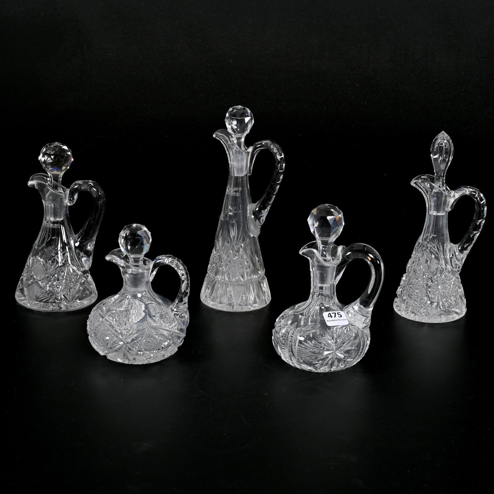 (5) Cruet Bottles, American Brilliant Cut Glass: (5) Cruet Bottles, American Brilliant Cut Glass, Sizes Range From 8.5" To 5.25", Various Patterns And Shapes, See Photos For Details, One Cruet Has Chip On Stopper Plug, Bonnie Anderson (Peterson) Col