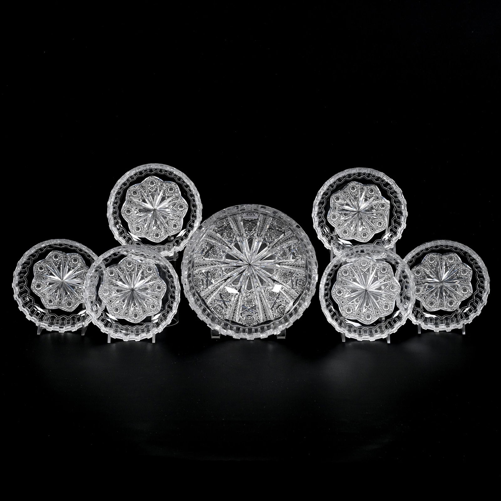 Berry Set, ABCG, Alhambra Pattern By Meriden: Berry Set, American Brilliant Cut Glass, Alhambra Pattern By Meriden, (1) 3.5" X 8" Bowl, In Surprisingly Nice Condition, Two Teeth Have Possible Touch-Up, (6) Matching 5.5" Berry Dishes, Set In Very