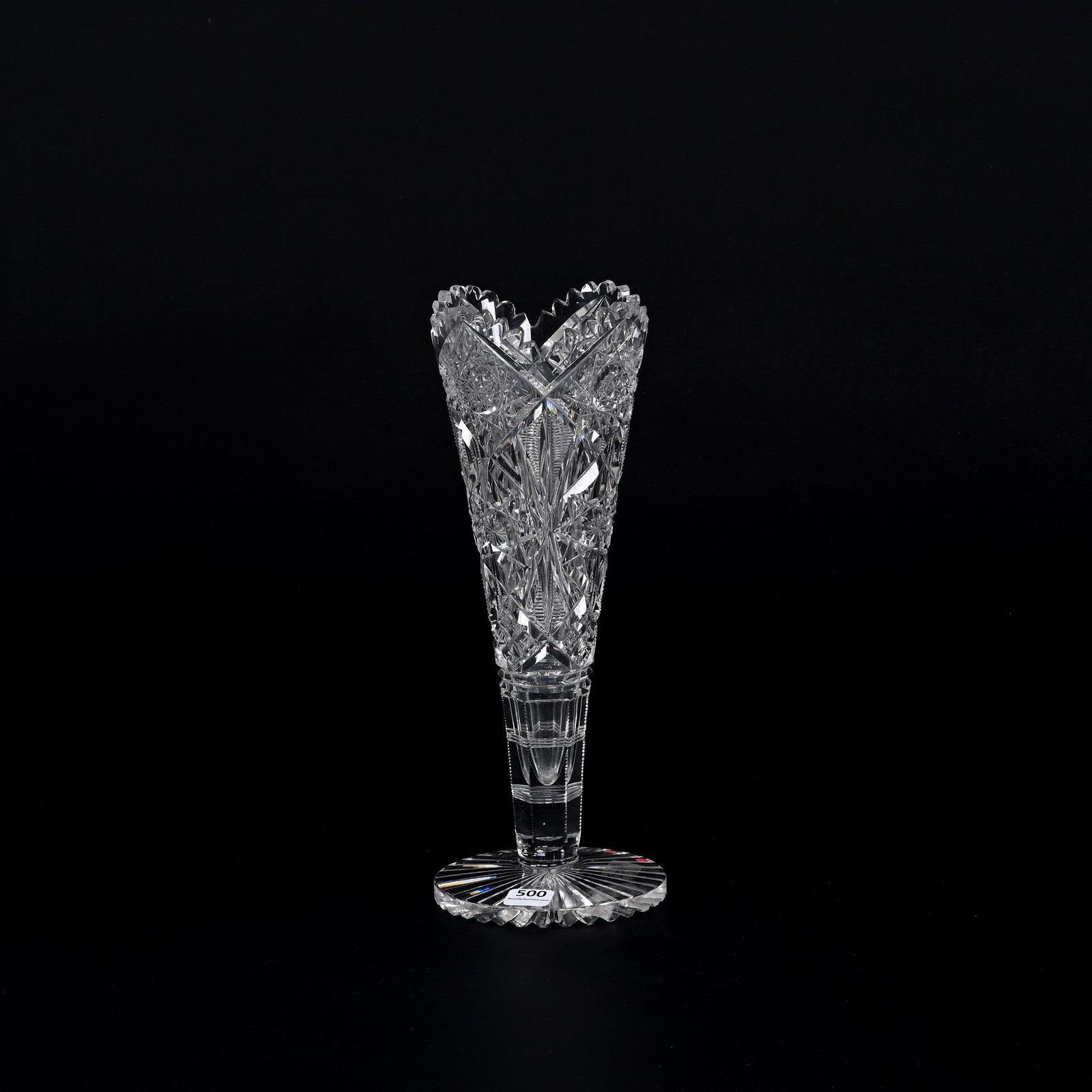 Trumpet Vase, ABCG, Signed Hawkes: Trumpet Vase, American Brilliant Cut Glass, Signed Hawkes, 11.5" x 4.5", Hobstar, Zipper And Crosscut Diamond Motif, Note Indicated This Is Odd Pattern As Featured In Boggess, Unable To Verify, Tooth 
