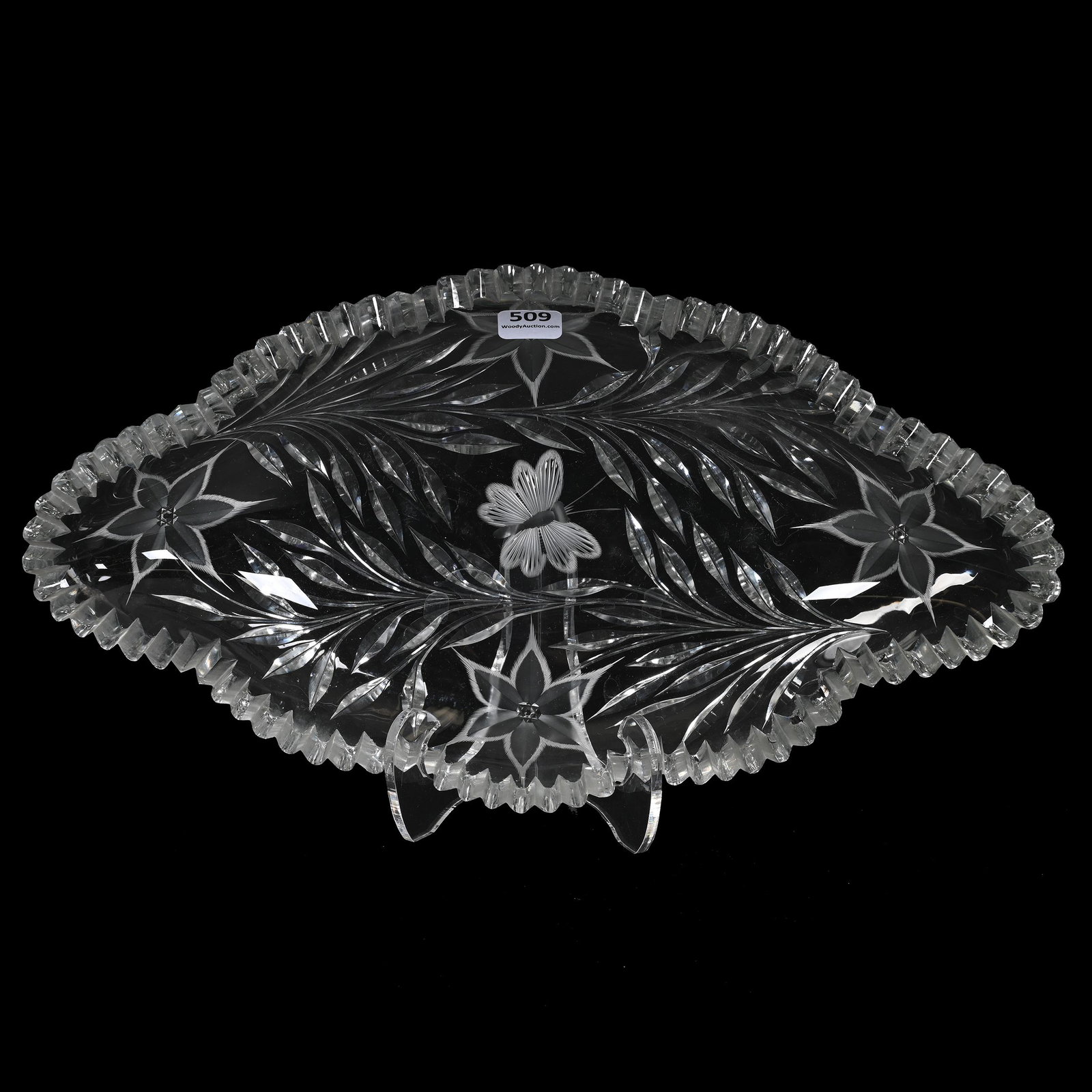 Ice Cream Tray, Ideal Diamond Poinsettia Pattern, American Brilliant Cut Glass: Ice Cream Tray, Ideal Diamond Poinsettia Pattern, American Brilliant Cut Glass, 14" x 7.75", Engraved Butterfly And Floral Decor, Thick Blank Has Slight Gray Cast, Rim Roughness, Bonnie Anderson (Pete