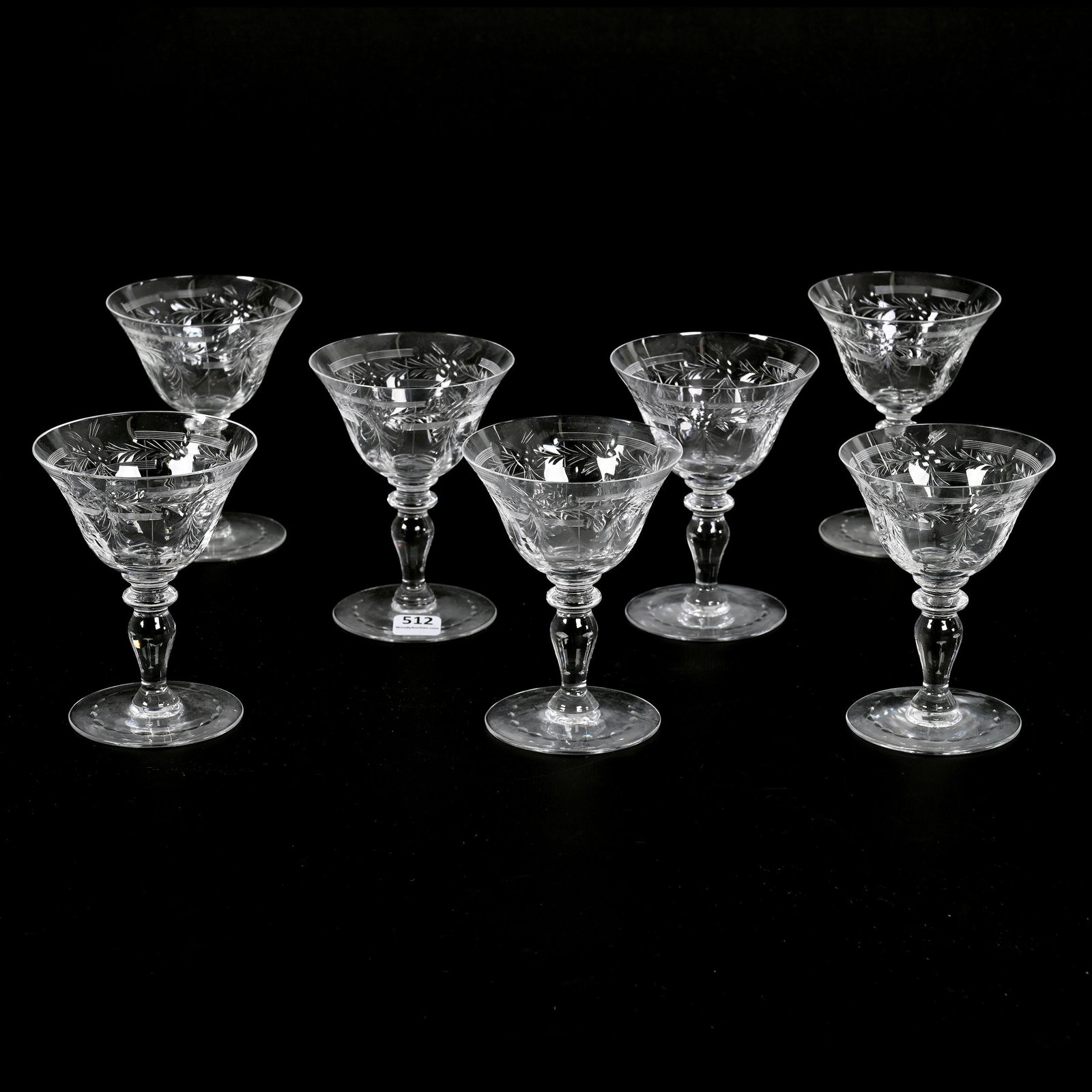 (7) Wine Stems, ABCG, Signed Hawkes Chantilly: (7) Wine Stems, American Brilliant Cut Glass, Signed Hawkes Chantilly, 5" x 3.75", Bonnie Anderson (Peterson) Collection.