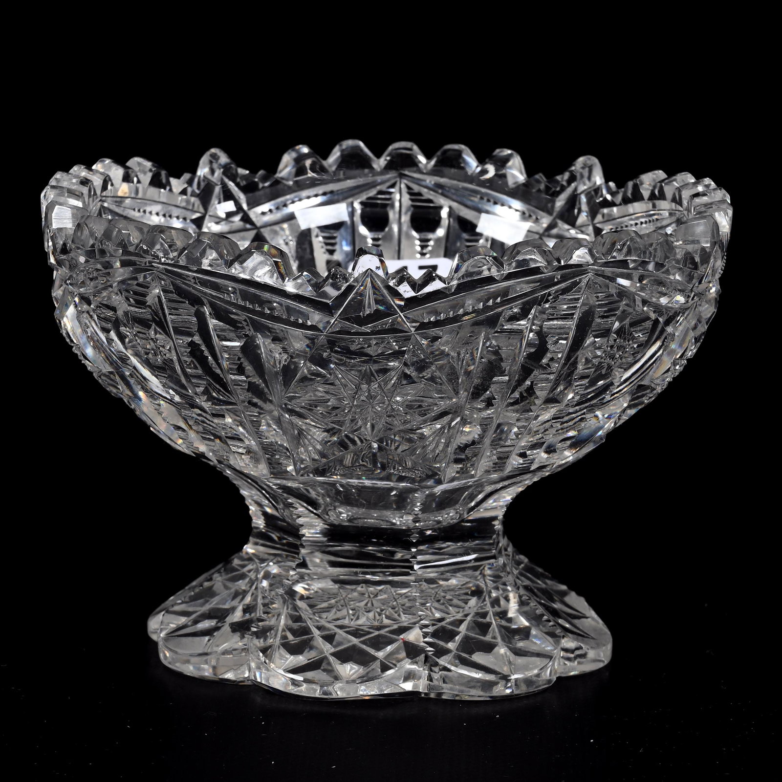 Pedestal Bowl, ABCG, New Brilliant By Libbey: Pedestal Bowl, American Brilliant Cut Glass, New Brilliant By Libbey, 3.5" x 5", Hobstar Alternating With Prism, Scalloped Hobstar Petticoat Foot, Bonnie Anderson (Peterson) Collection.