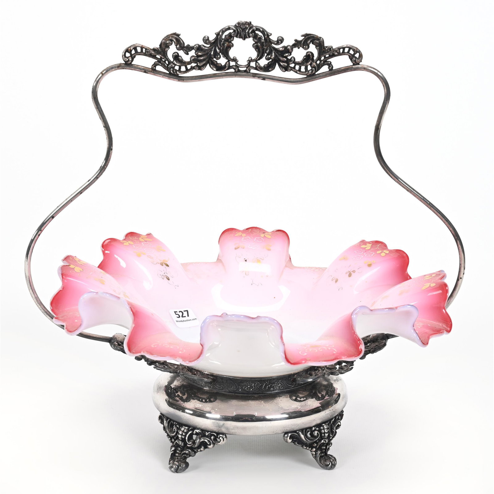 Victorian Brides Basket: Victorian Brides Basket, 12.5" x 12.5", Pink Cased Art Glass Ruffled Bowl With Gold Stencil Highlights, Set On Rockford #8039 Silverplate Frame, Bonnie Anderson (Peterson) Collection.
