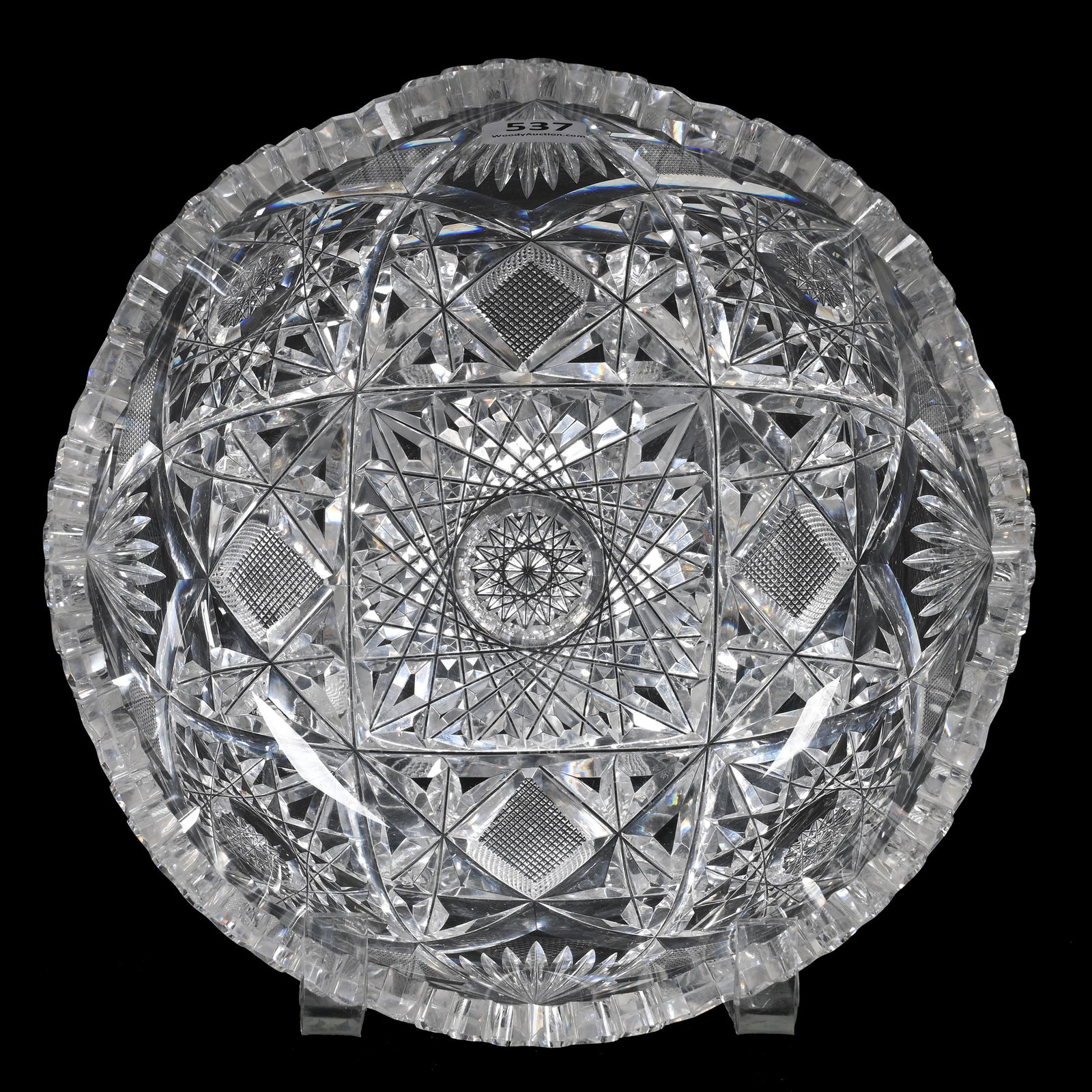 Bowl, American Brilliant Cut Glass: Bowl, American Brilliant Cut Glass, 3.5" x 8", Four Cut Sections Of Hobstar, Strawberry Diamond And Fan Motif, Bonnie Anderson (Peterson) Collection.