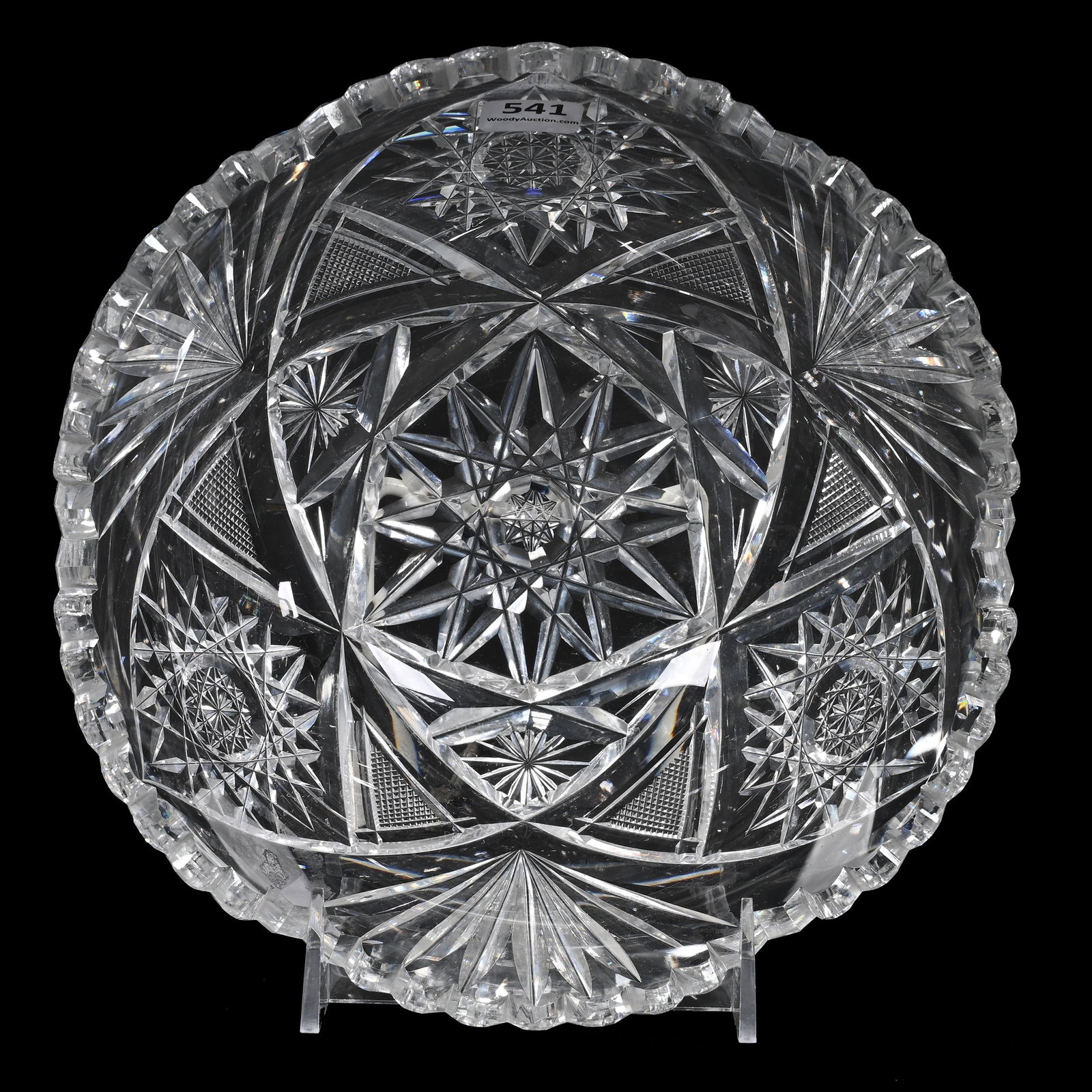 Bowl, American Brilliant Cut Glass: Bowl, American Brilliant Cut Glass, 3.25" x 8.25", Hobstar, Strawberry Diamond And Fan Motif, Tooth Chip, Bonnie Anderson (Peterson) Collection.