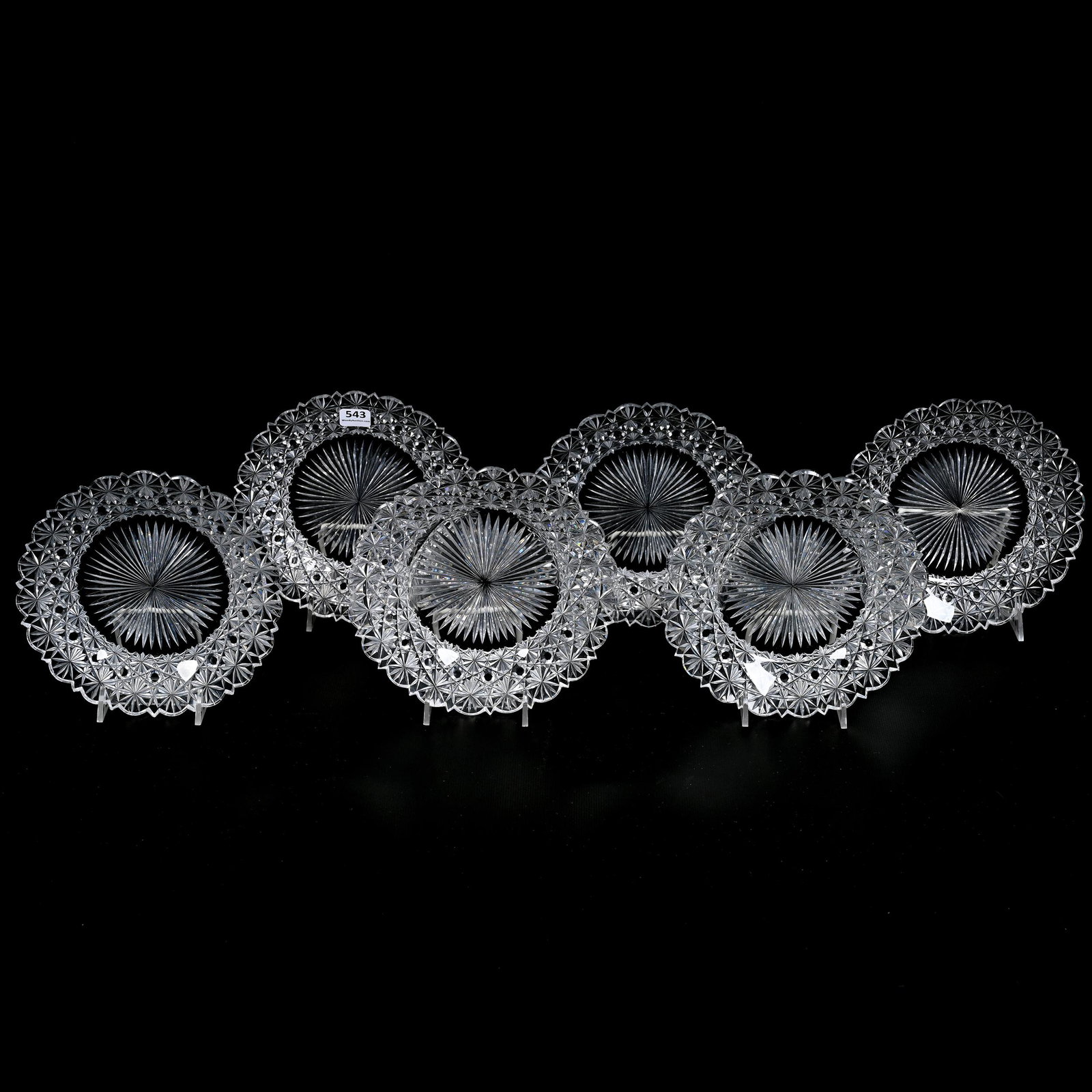 (6) Plates, ABCG, Russian Pattern: (6) Plates, American Brilliant Cut Glass, Russian Pattern, 7", Clear Cut Buttons, Ray Cut Center, One Plate Has Tooth Chip, Bonnie Anderson (Peterson) Collection. UPDATED 8-23-22: Corrected Number Of 