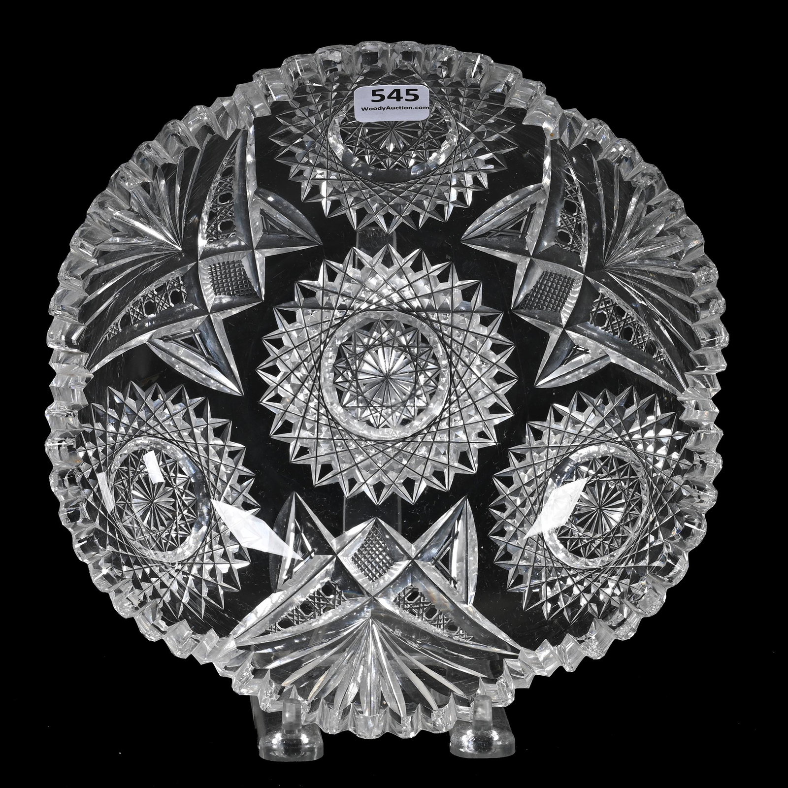 Low Bowl, ABCG, Signed J. Hoare: Low Bowl, American Brilliant Cut Glass, Signed J. Hoare, 2" x 8", Hobstar, Cane, Strawberry Diamond And Fan Motif, Bonnie Anderson (Peterson) Collection.