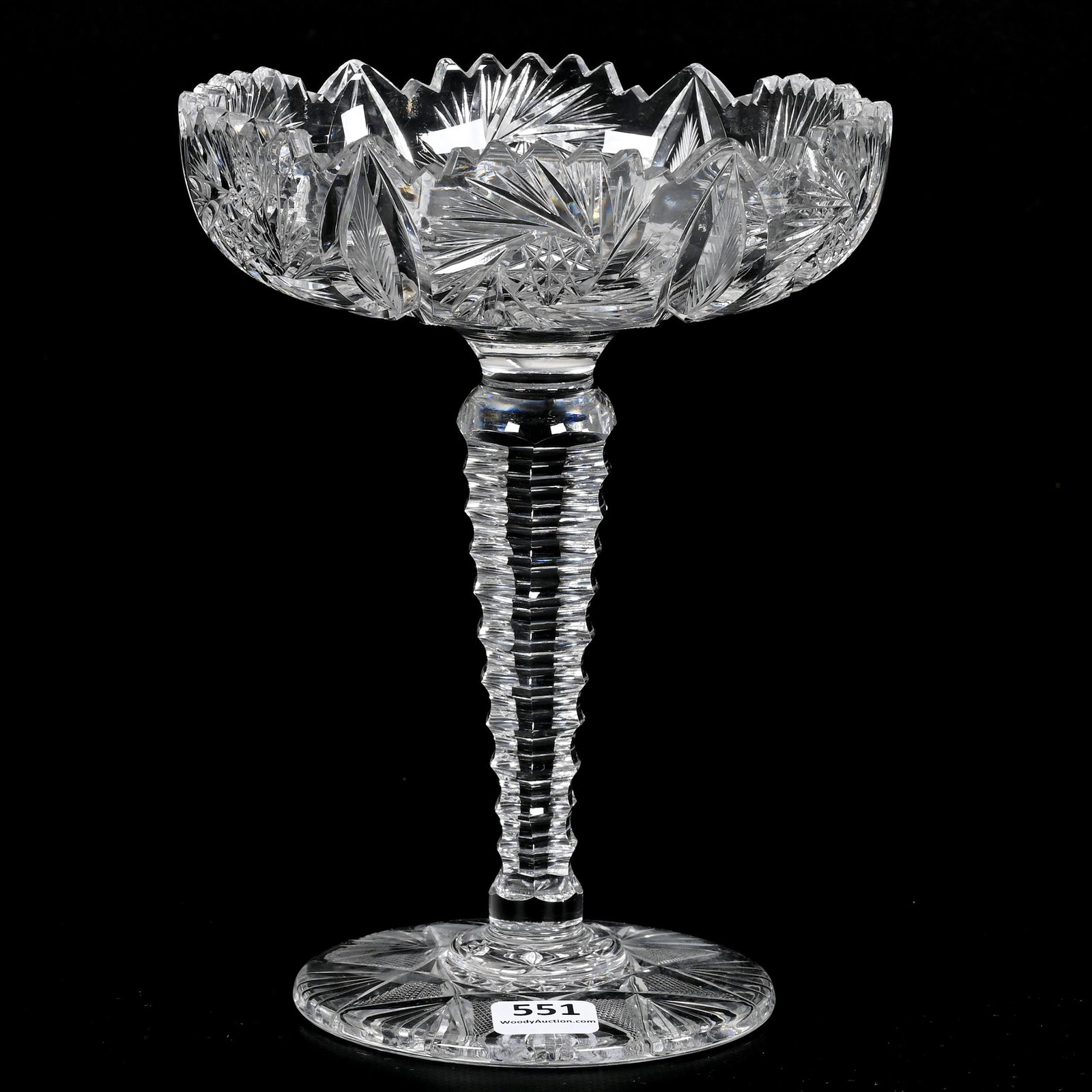 Compote, American Brilliant Cut Glass: Compote, American Brilliant Cut Glass, 8" x 6", Pinwheel And Feathered Vesica Motif, Unusual Solid Wide Stepcut Stem, Flashed Hobstar Foot, Bonnie Anderson (Peterson) Collection.