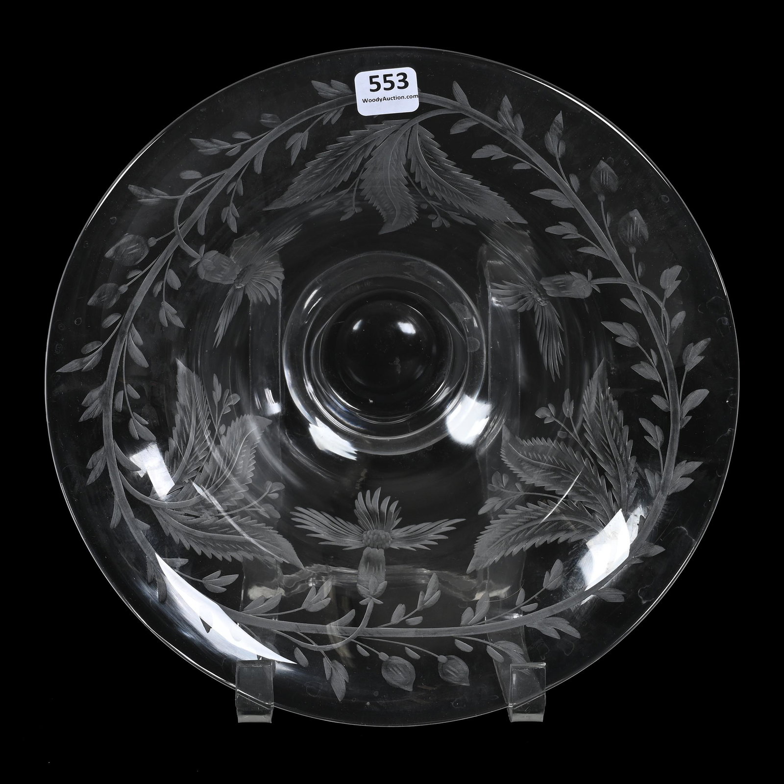 Center Bowl, American Brilliant Cut Glass, Signed Libbey: Center Bowl, American Brilliant Cut Glass, Signed Libbey, 4" x 10", Nicely Engraved Floral Blossom, Vine And Leaf Decor, Bonnie Anderson (Peterson) Collection.