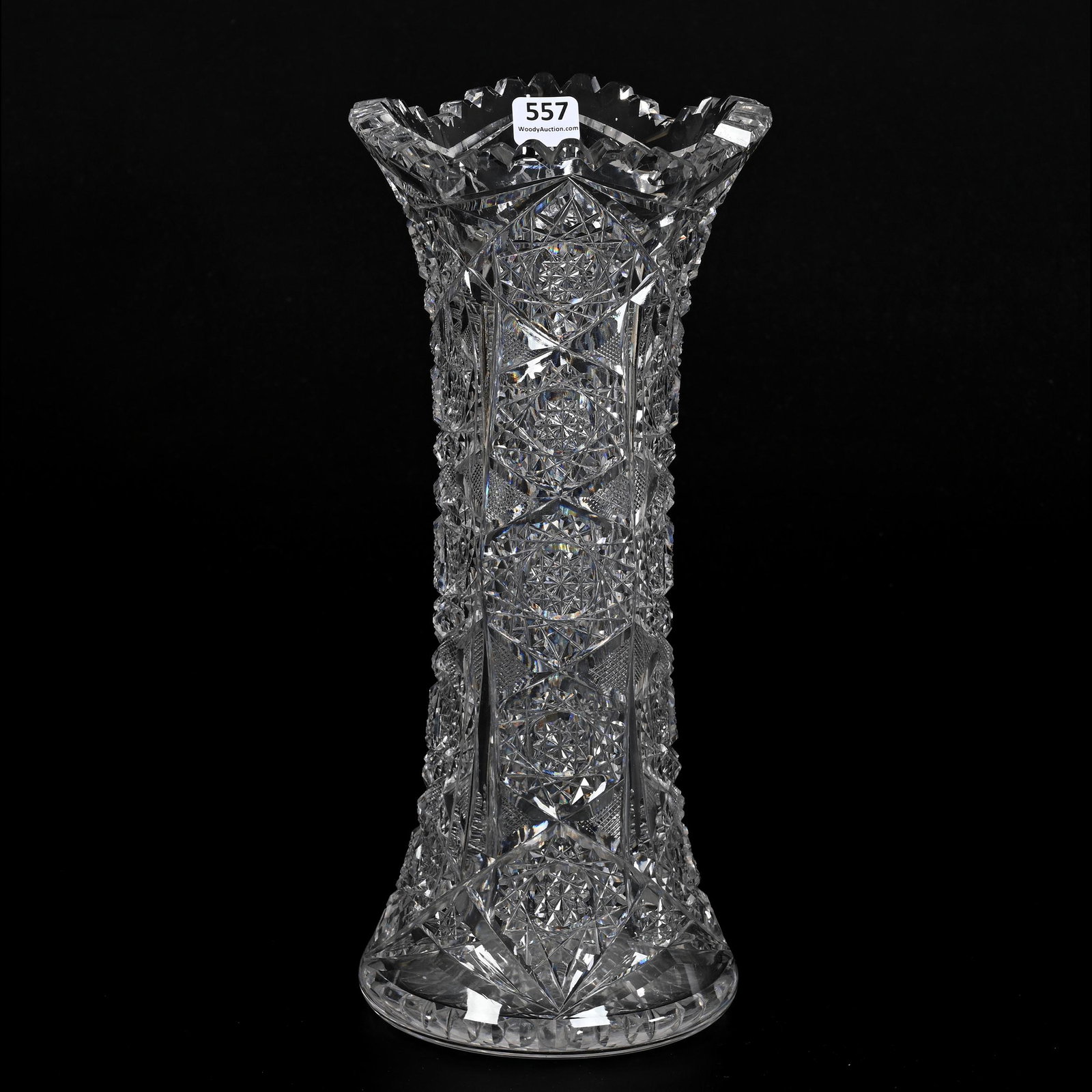 Vase, American Brilliant Cut Glass: Vase, American Brilliant Cut Glass, 12.25" x 5.25", Note Indicated Nita Pattern By Clark, Unable To Verify, Nice Quality Blank, Hobstar Base, Bonnie Anderson (Peterson) Collection.