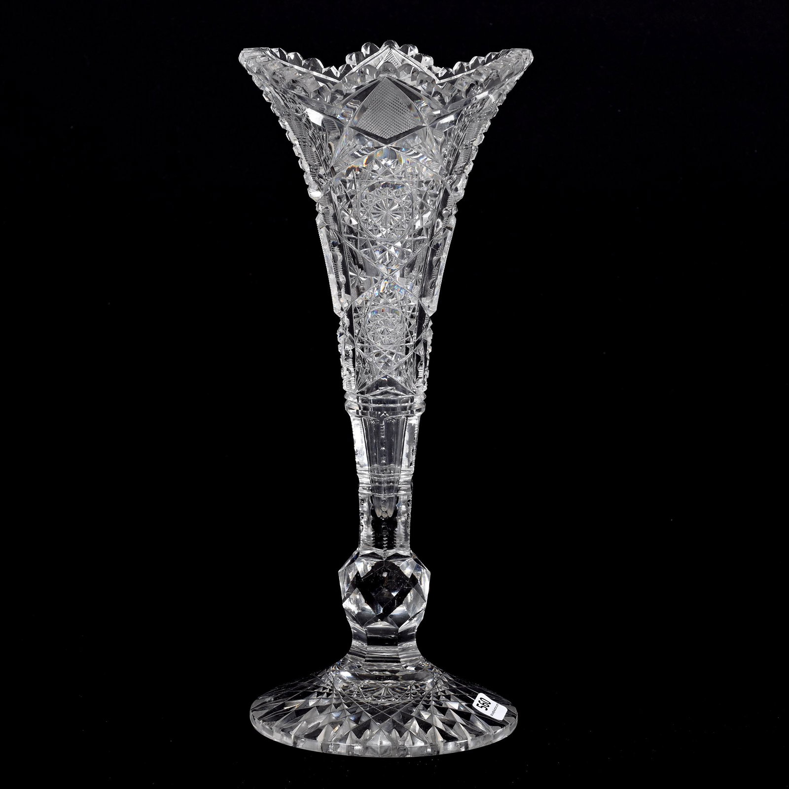 Trumpet Vase, ABCG, Cambria Pattern By Egginton: Trumpet Vase, American Brilliant Cut Glass, Cambria Pattern By Egginton, 14" x 6", Hobstar Foot, Very Nice Example, Tooth Chips, Bonnie Anderson (Peterson) Collection.