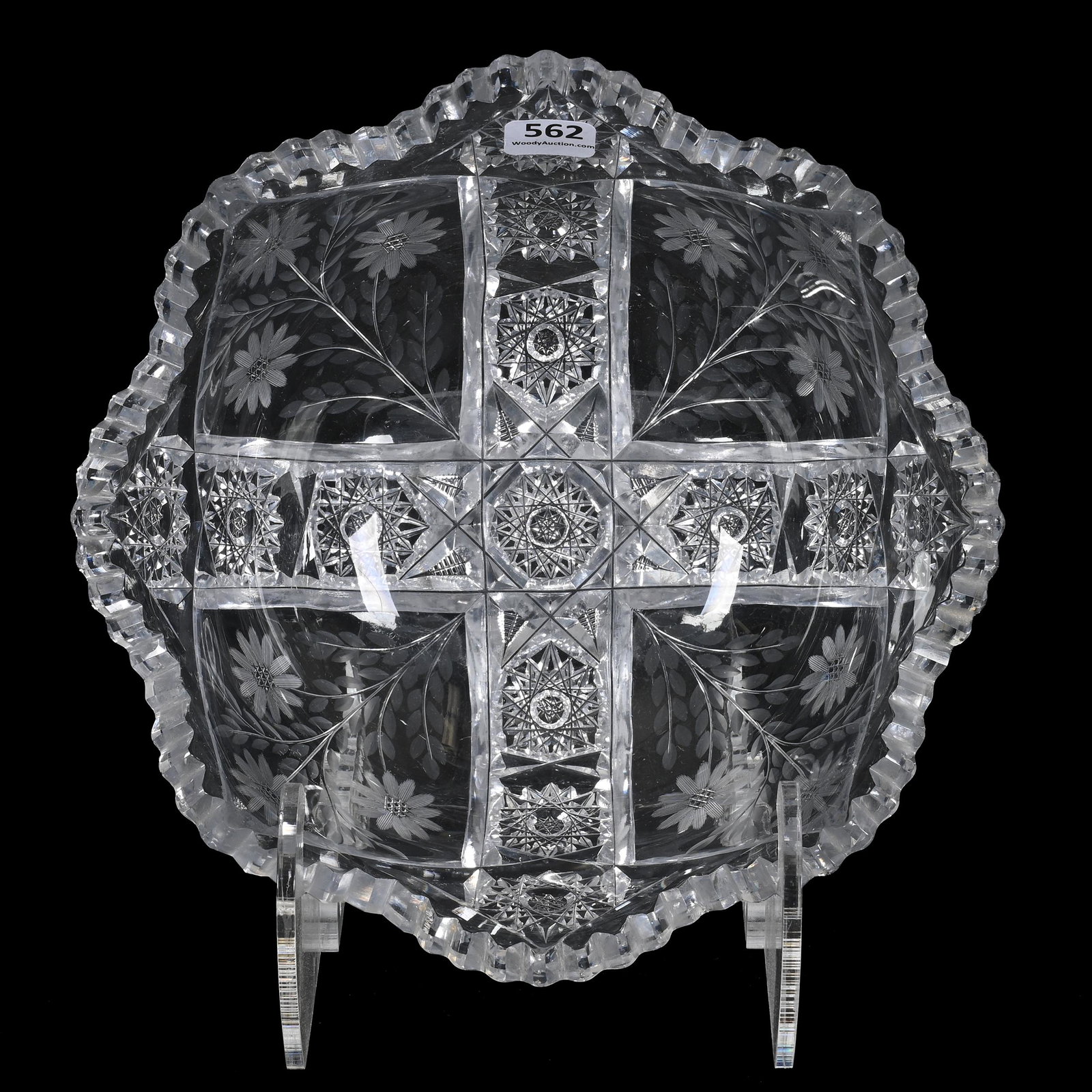 Bowl, American Brilliant Cut Glass: Bowl, American Brilliant Cut Glass, 3.75" x 8.75", Four Sections Of Hobstar And Engraved Floral Panels, Bonnie Anderson (Peterson) Collection.