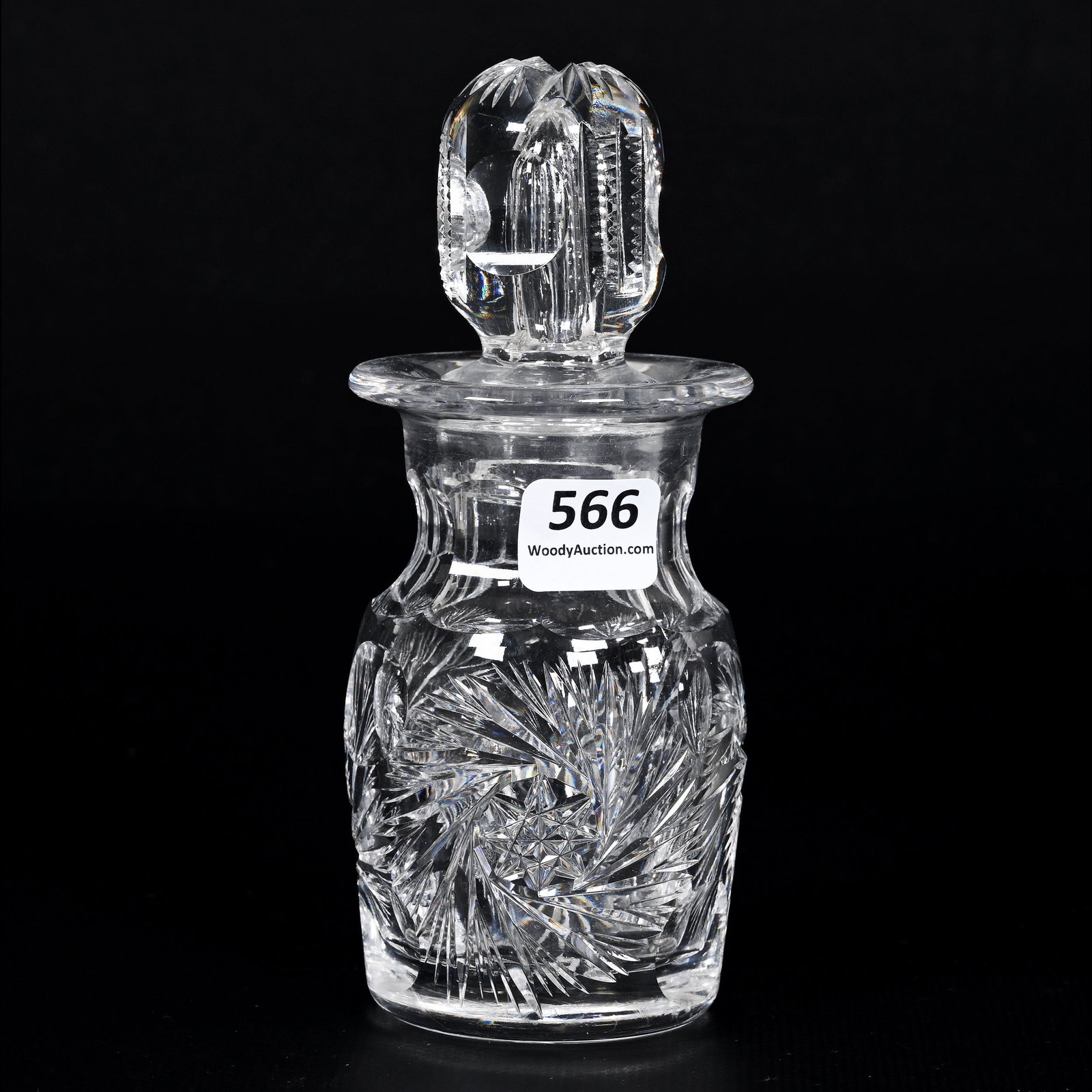 Horse Radish Jar, American Brilliant Cut Glass: Horse Radish Jar, American Brilliant Cut Glass, 6" x 2.5", Pinwheel And Punty Motif, Nice Fitted Stopper, Ray Cut Base, Bonnie Anderson (Peterson) Collection.