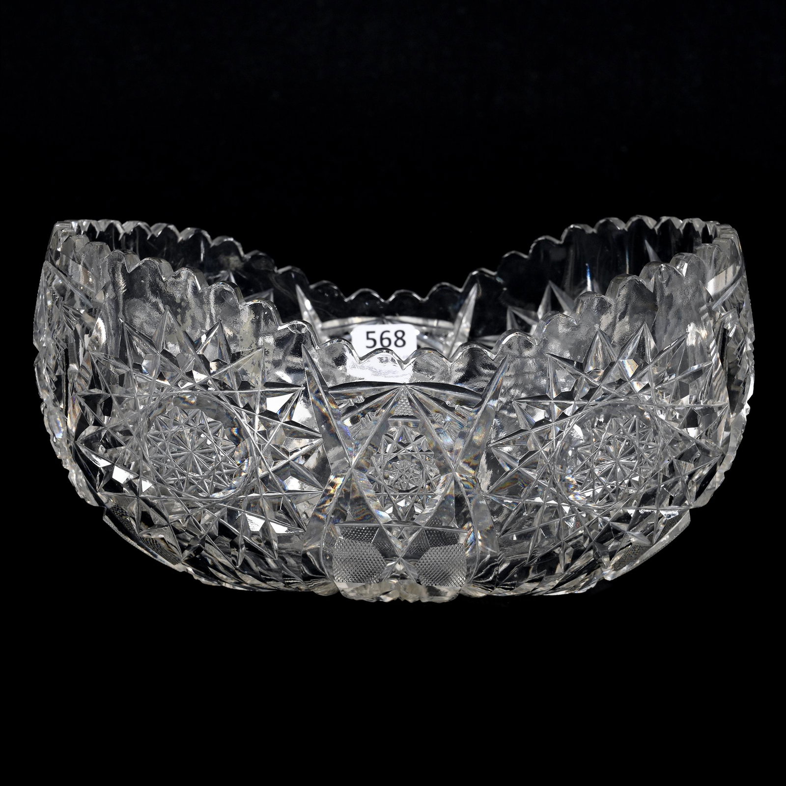Fruit Bowl, American Brilliant Cut Glass: Fruit Bowl, American Brilliant Cut Glass, 4.75" x 9" x 6", Hobstar, Vesica, Strawberry Diamond And Fan Motif, Blank Has A Gray Cast, Some Light Outside Surface Nicks, Bonnie Anderson (Peterson) Collec