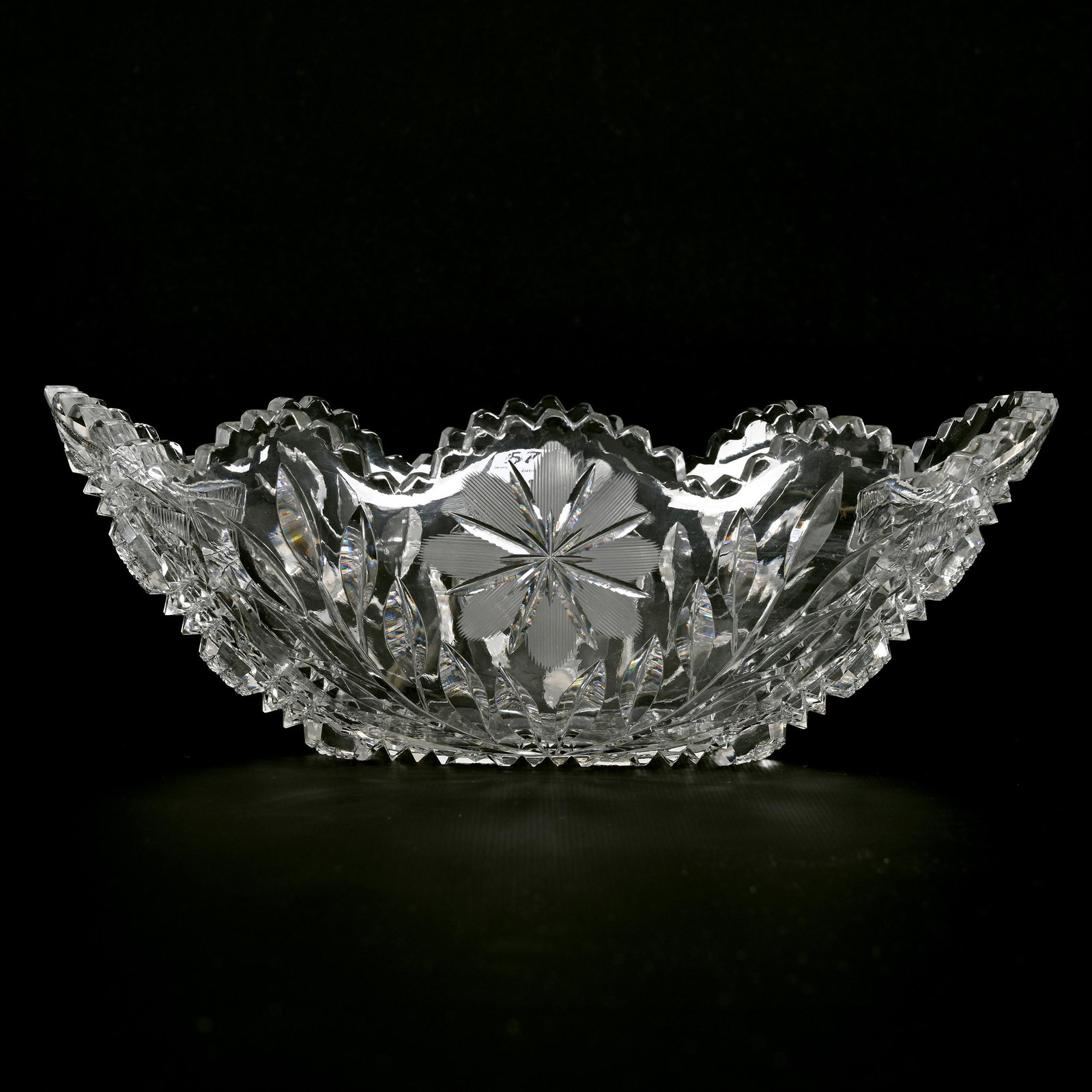 Banana Bowl, American Brilliant Cut Glass: Banana Bowl, American Brilliant Cut Glass, 4.25" x 11.5" x 7.75", Trellis Type Band With Engraved Floral Sides, Bonnie Anderson (Peterson) Collection.