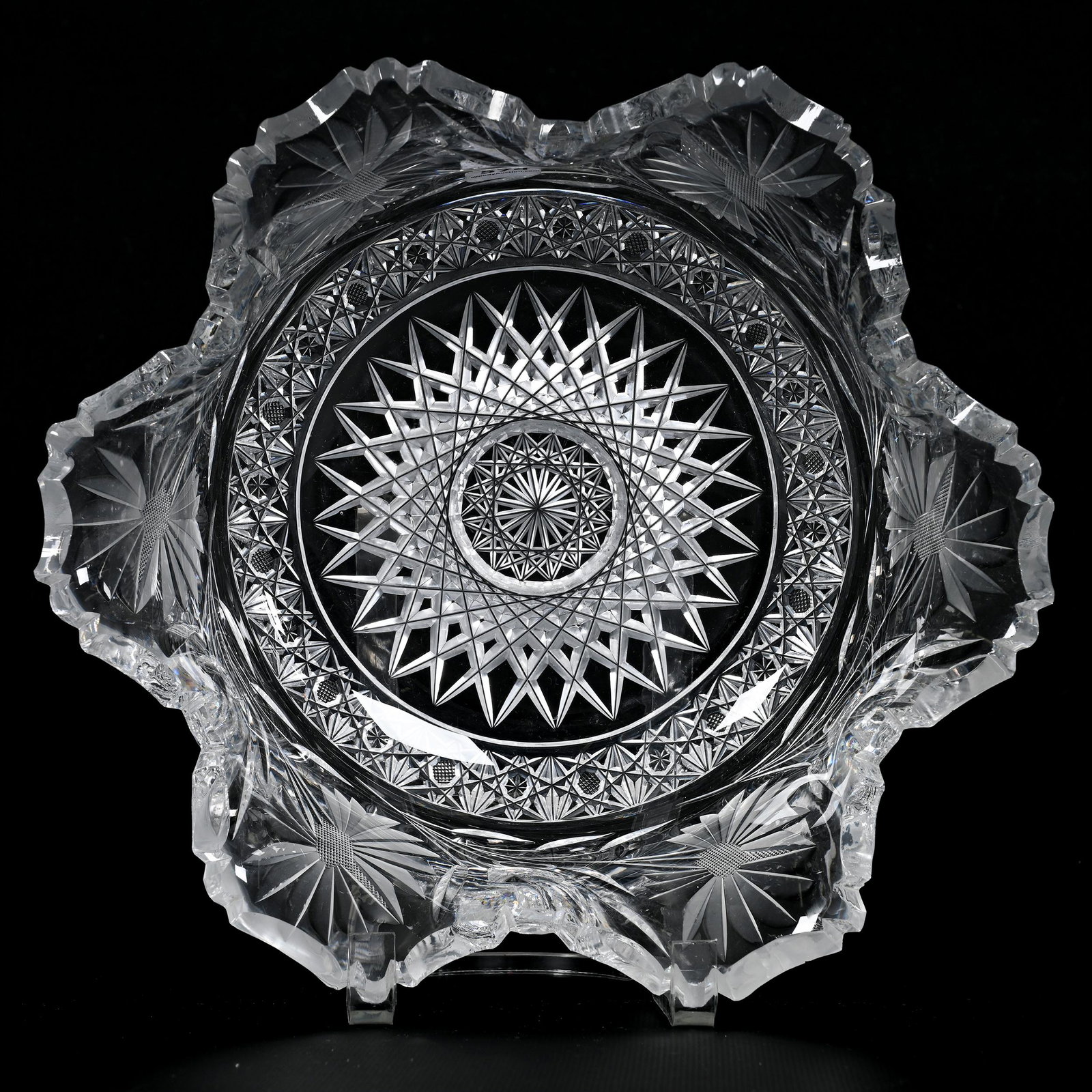 Bowl, American Brilliant Cut Glass: Bowl, American Brilliant Cut Glass, 4" x 11.25", Large Hobstar Center With Geometric Band, Engraved Floral Border, Note Indicates Fry, Unable To Confirm, Some Edge Chips, Bonnie Anderson (Peterson) Co