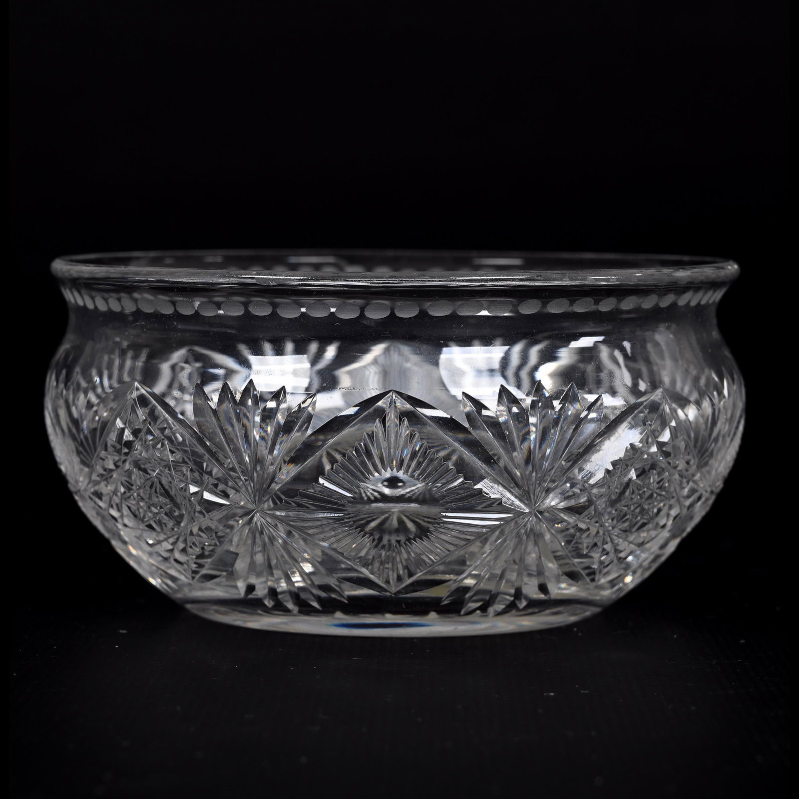 Finger Bowl, American Brilliant Cut Glass: Finger Bowl, American Brilliant Cut Glass, 2.25" x 4.5", Hobstar, Bullseye And Fan Motif, Attributed To Sinclaire, Bonnie Anderson (Peterson) Collection.