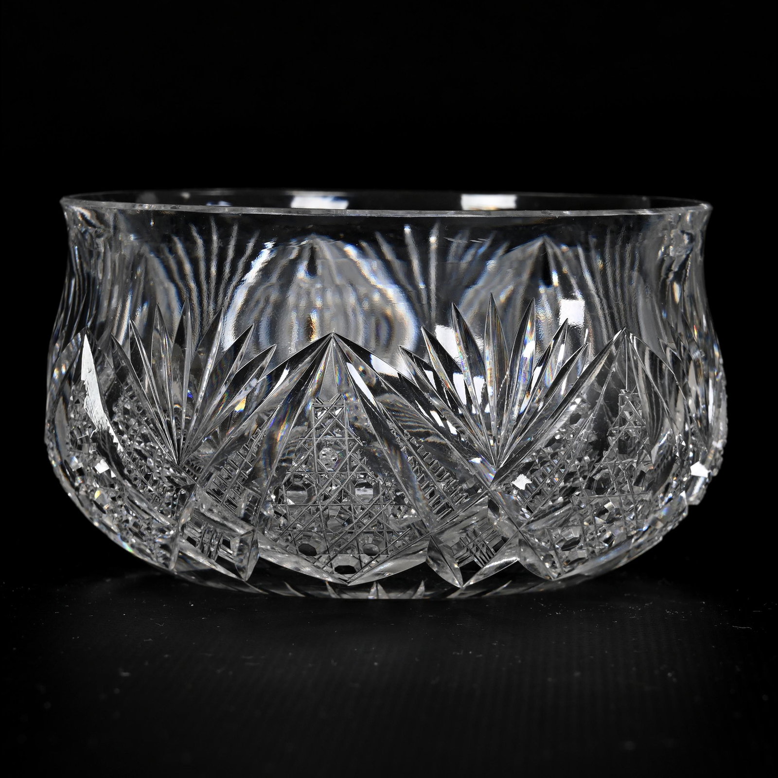 Finger Bowl, American Brilliant Cut Glass: Finger Bowl, American Brilliant Cut Glass, 2.5" x 4", Cane, Crosshatch, Zipper And Fan Motif, Ray Cut Center, Probable Rim Polish, Bonnie Anderson (Peterson) Collection.