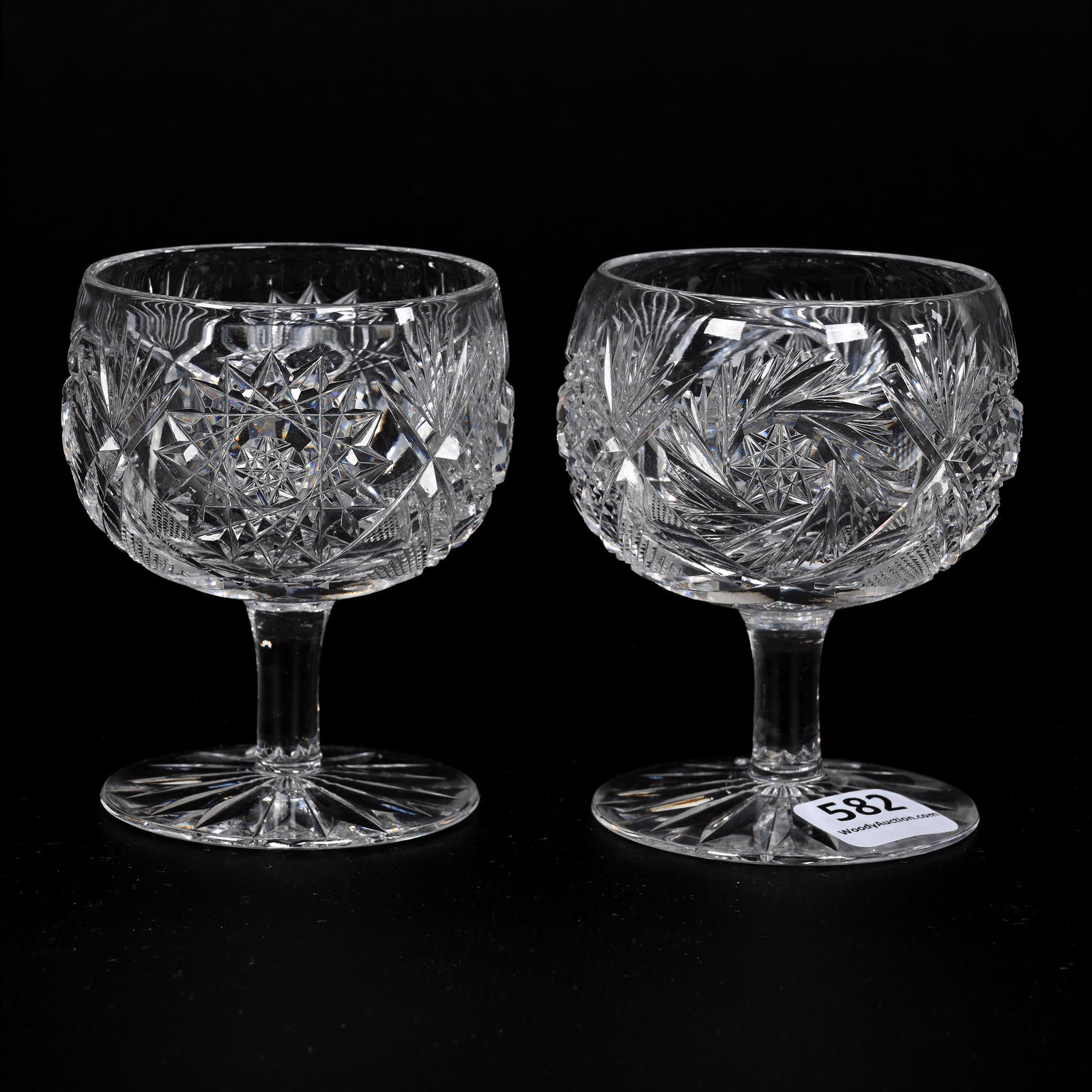 (2) Brandy Stems, American Brilliant Cut Glass, Signed Fry: (2) Brandy Stems, American Brilliant Cut Glass, Signed Fry, 3.25" x 2.5", Hobstar, Strawberry Diamond, Pinwheel And Fan Motif, Bonnie Anderson (Peterson) Collection.