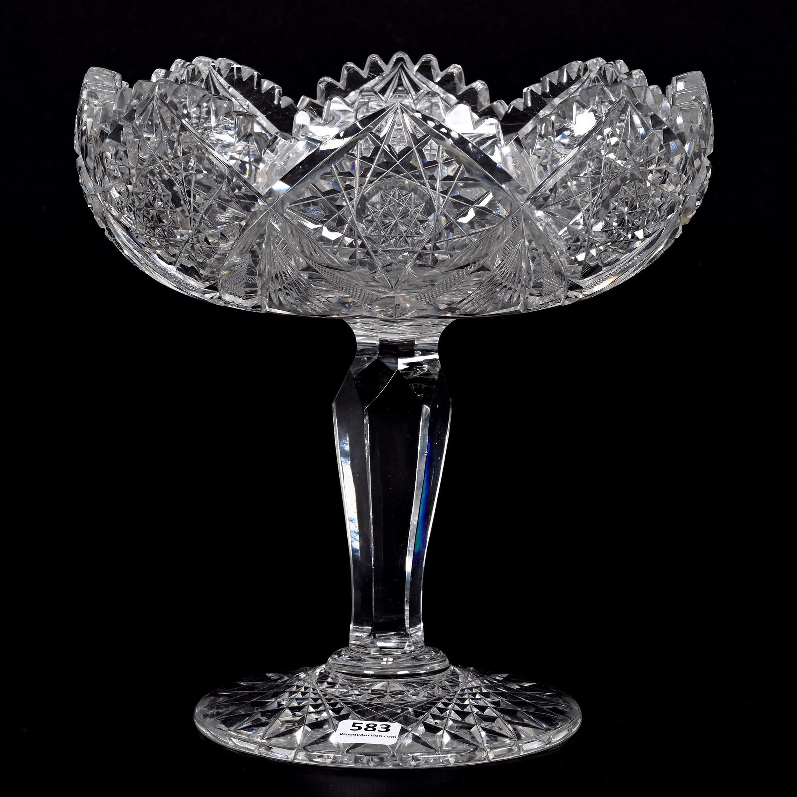 Compote, American Brilliant Cut Glass: Compote, American Brilliant Cut Glass, 9.5" x 9", Hobstar, Strawberry Diamond, Star And Fan Motif, Large Hobstar Foot, Extra Heavy Blank, Some Light Nicks On Fan Cutting, Bonnie Anderson (Peterson) Co