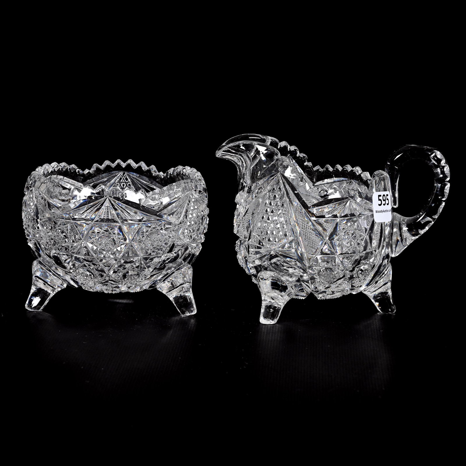 Footed Creamer & Sugar Set, ABCG: Footed Creamer & Sugar Set, American Brilliant Cut Glass, 4" x 5.25", Hobstar Cluster With Nailhead Diamond And Fan Highlights, Foot Chip, Bonnie Anderson (Peterson) Collection.