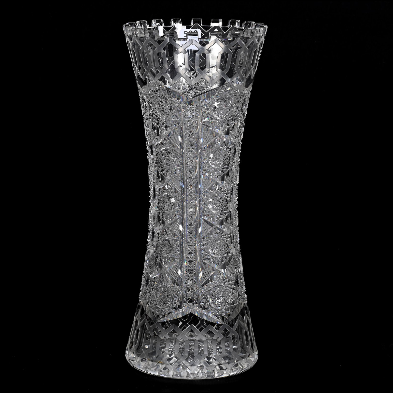Vase, ABCG, Alhambra Pattern By Meriden: Vase, American Brilliant Cut Glass, Alhambra Pattern By Meriden, 13.75" x 5.5", Hobstar Base, One Small Tooth Bruise, One Tooth Touch-Up, Bonnie Anderson (Peterson) Collection.