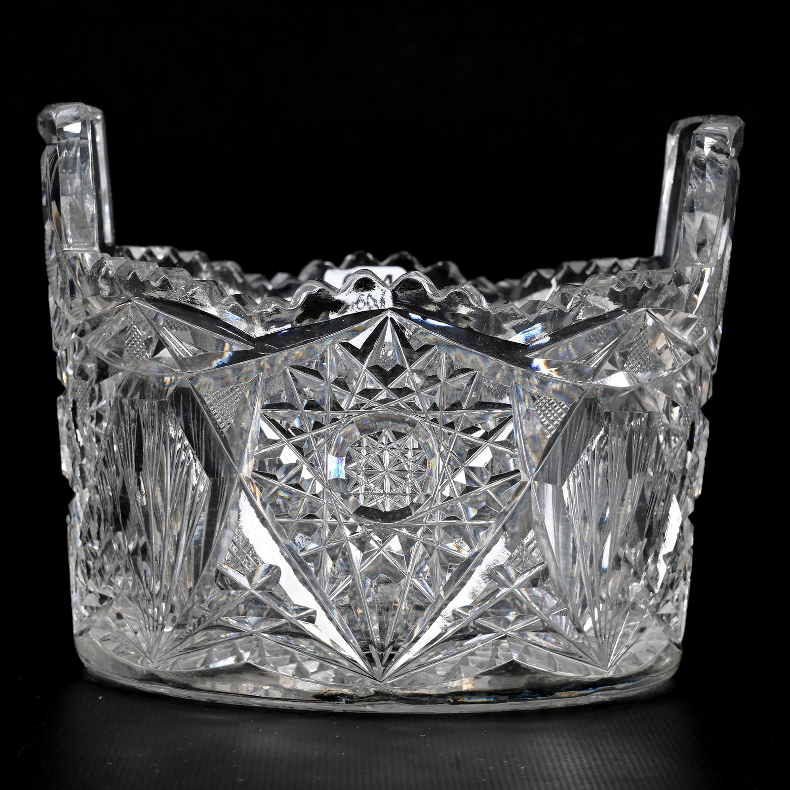 Ice Tub, Tab Handles, American Brilliant Cut Glass: Ice Tub, Tab Handles, American Brilliant Cut Glass, 5.5" x 6.75", Hobstar, Strawberry Diamond And Fan Motif, Hobstar Base, Minor Roughness, Bonnie Anderson (Peterson) Collection.