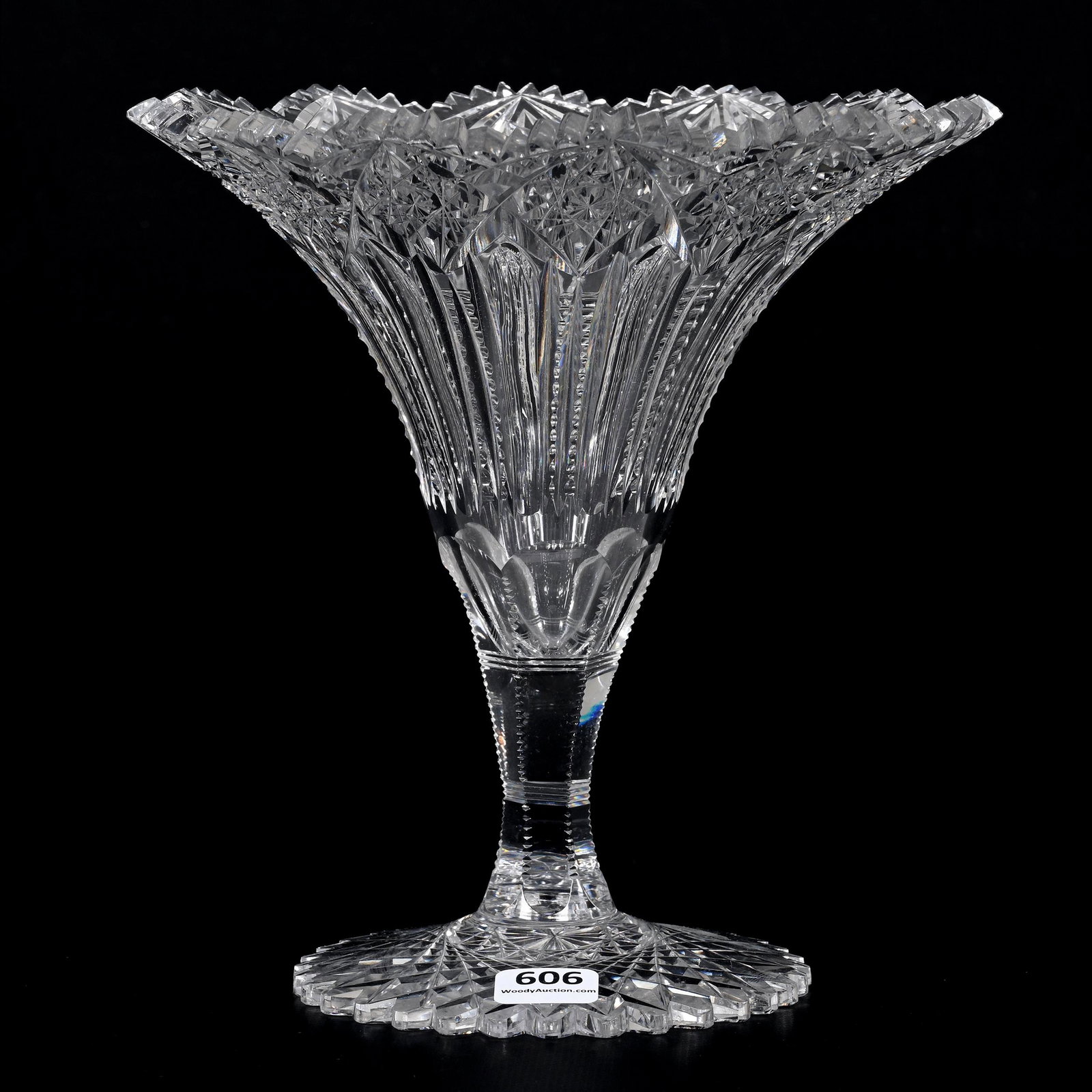 Tazza Vase, American Brilliant Cut Glass: Tazza Vase, American Brilliant Cut Glass, 7.75" x 7.25", Hobstar Chain With Prism And Pillar, Two Tooth Touch-Ups, Scalloped Hobstar Foot, Bonnie Anderson (Peterson) Collection.