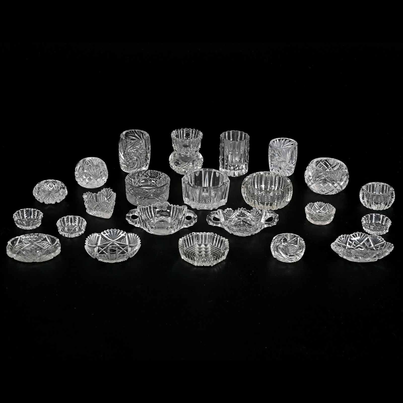 (23) Items, American Brilliant Cut Glass: (23) Items, American Brilliant Cut Glass, Combination Of Salt Dips, Butter Pats And Toothpick Holders, See Photos For Details, Bonnie Anderson (Peterson) Collection.