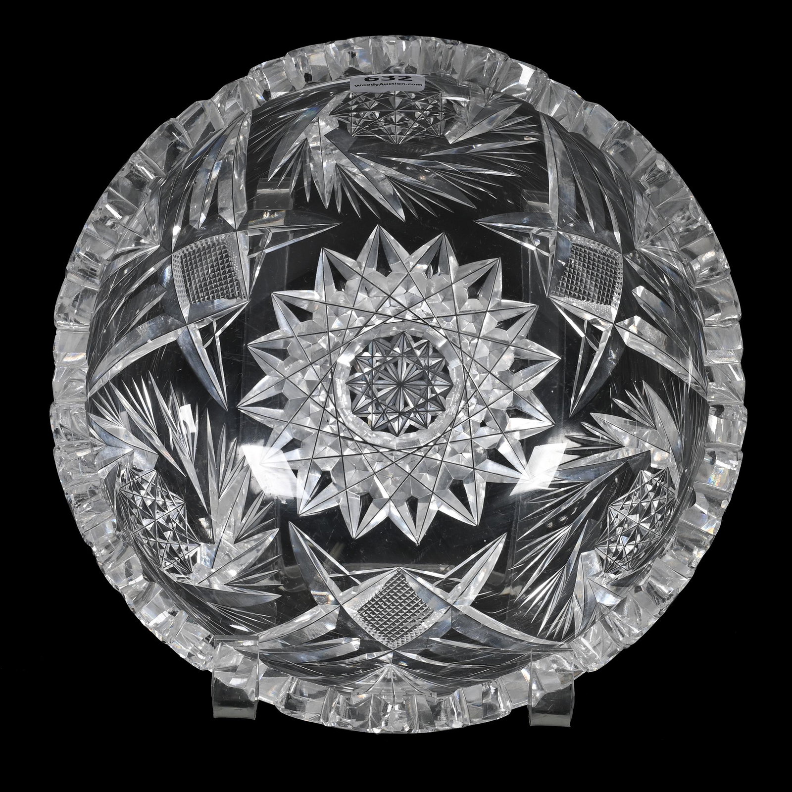 Bowl, American Brilliant Cut Glass: Bowl, American Brilliant Cut Glass, 3.5" x 8", Hobstar Center, Pinwheel, Strawberry Diamond And Fan Border, Tooth Chip, Bonnie Anderson (Peterson) Collection.