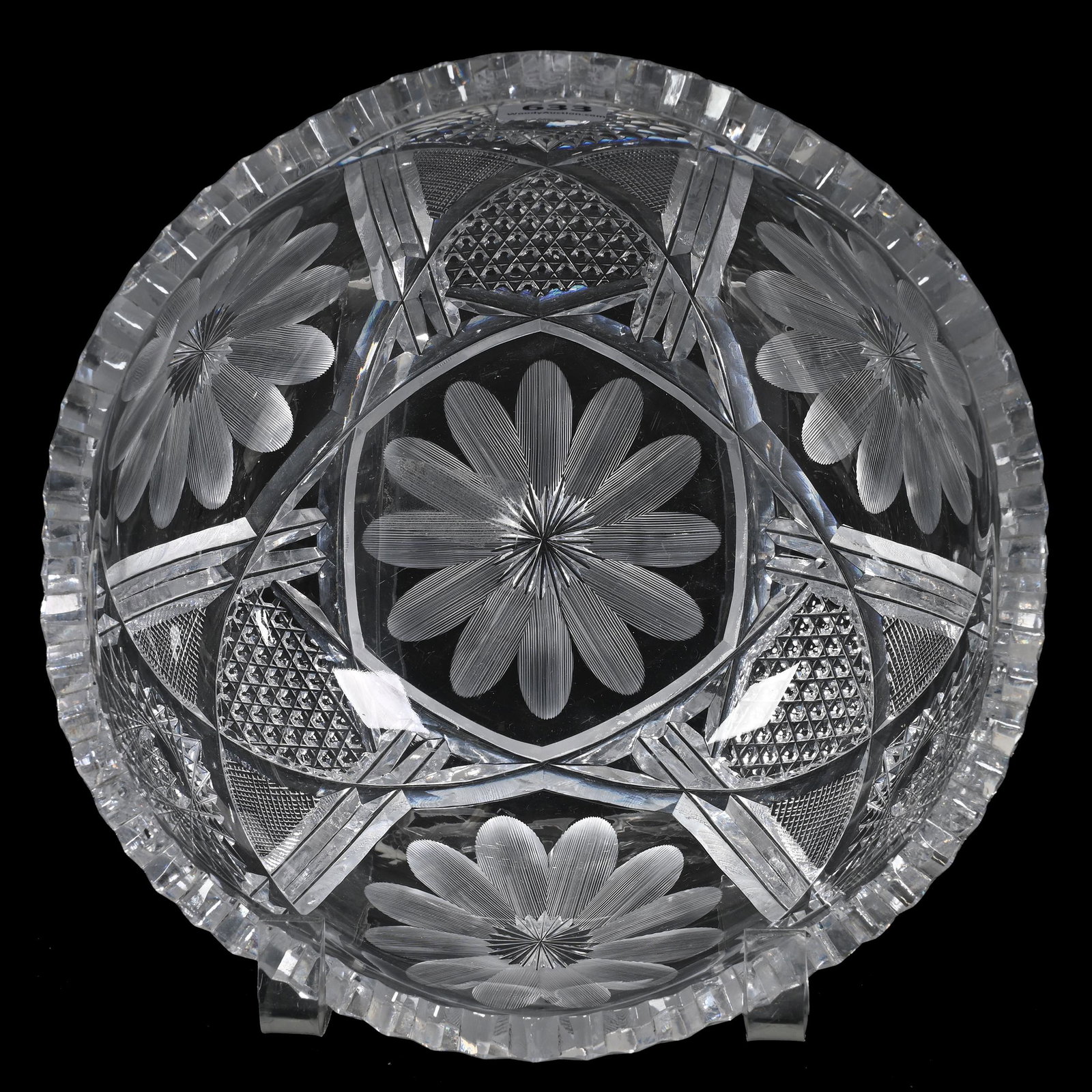 Bowl, American Brilliant Cut Glass: Bowl, American Brilliant Cut Glass, 3.75" x 8", Engraved Floral With Hobstar, Strawberry Diamond And Nailhead Diamond Highlights, Bonnie Anderson (Peterson) Collection.