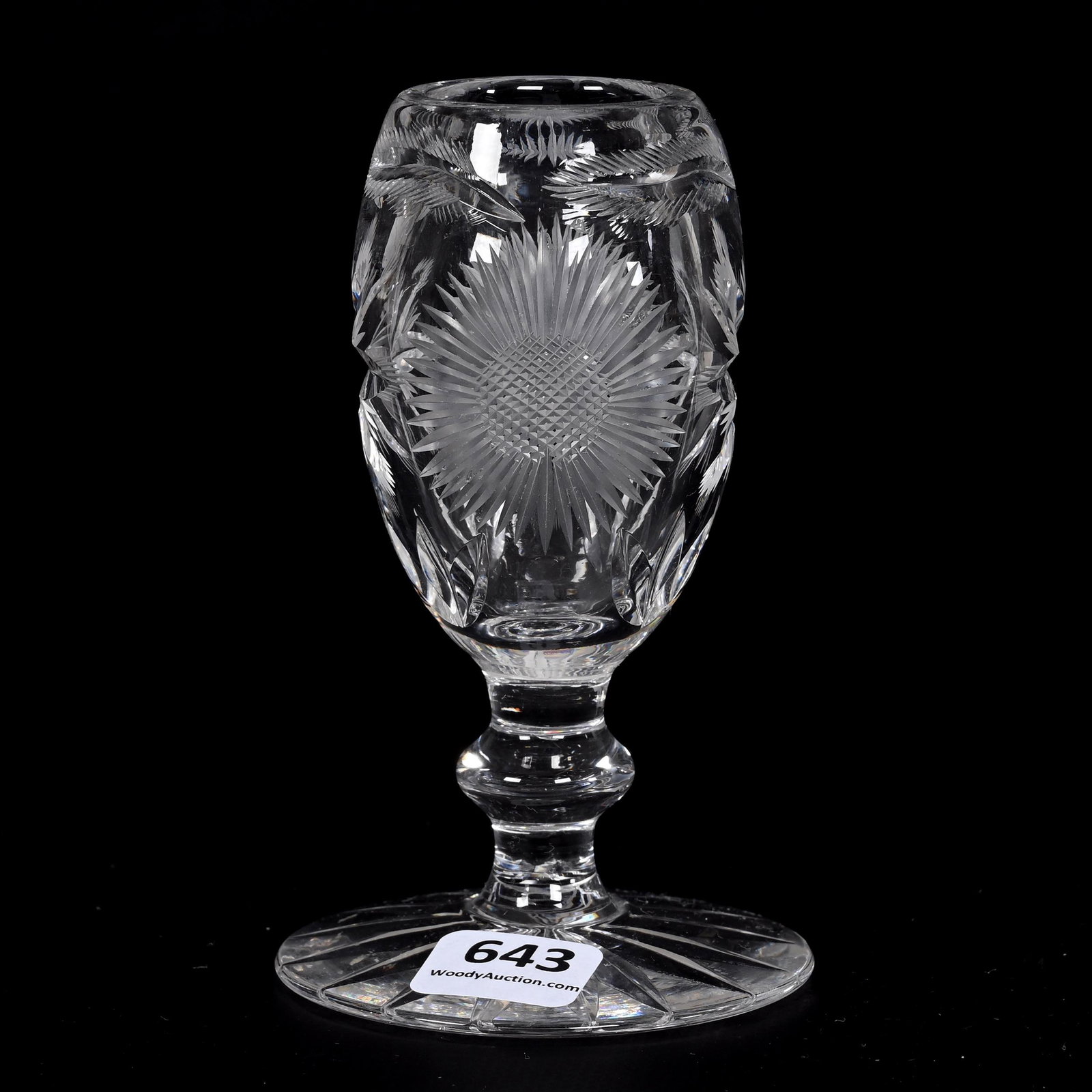 Pedestal Violet Vase, American Brilliant Cut Glass: Pedestal Violet Vase, American Brilliant Cut Glass, 4.75" x 2.75", Engraved Floral Blossom And Flashed Star Motif, Ray Cut Foot, Bonnie Anderson (Peterson) Collection.