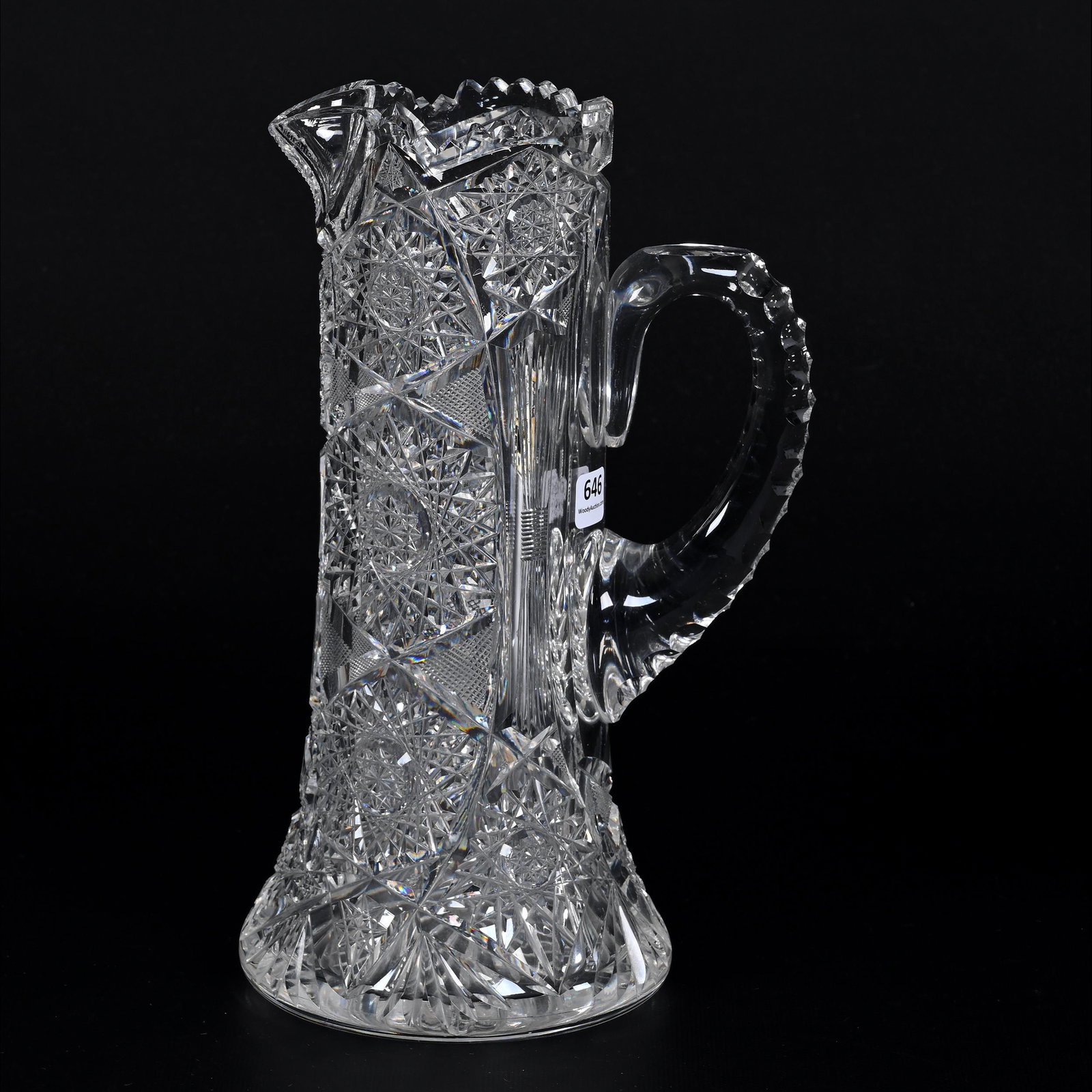Tankard, American Brilliant Cut Glass: Tankard, American Brilliant Cut Glass, 11.75" x 6.75", Hobstar, Vesica, Strawberry Diamond, Cane And Fan Motif, Triple Notched Handle, Ray Cut Base, Very Nice Quality, Bonnie Anderson (Peterson) Colle