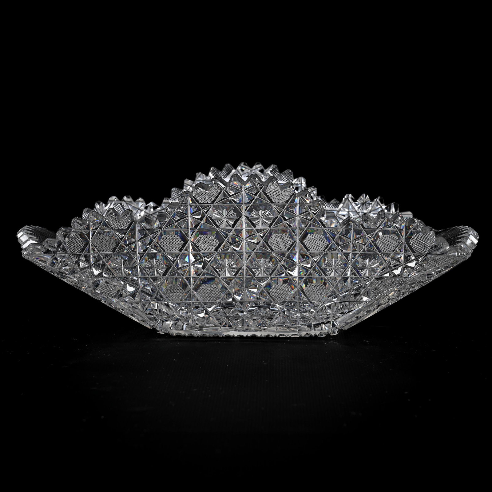 Oblong Bowl, American Brilliant Cut Glass: Oblong Bowl, American Brilliant Cut Glass, 3.75" x 11" x 6.5", Hobstar Center With Bright Flashed Hobstar Ends, Complete Geometric Cut Button Sides, Nice Clear Blank, Bonnie Anderson (Peterson) Collec