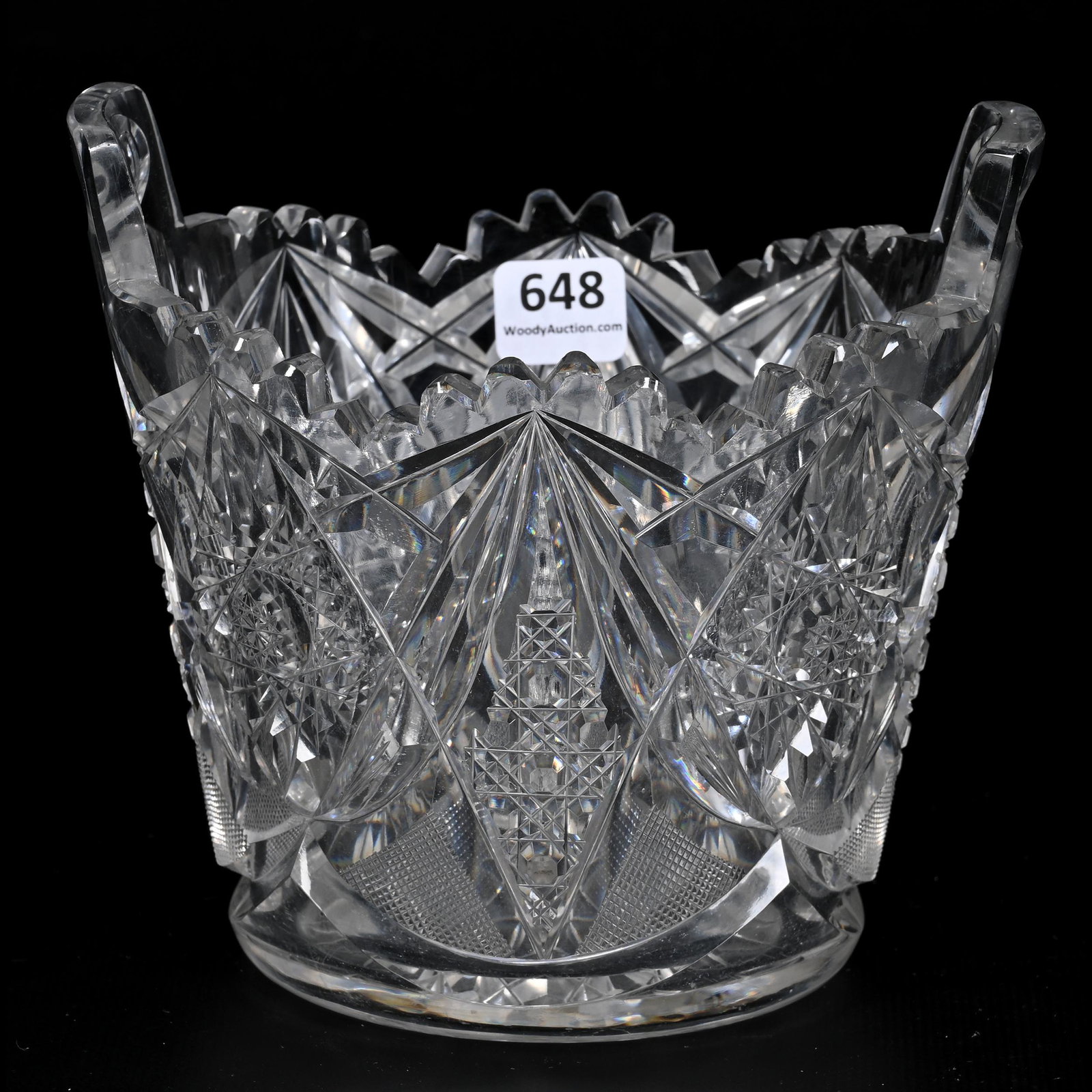 Ice Tub, Tab Handles, American Brilliant Cut Glass: Ice Tub, Tab Handles, American Brilliant Cut Glass, 5.5" x 6", Corinthian Pattern By Straus, Hobstar Base, Bonnie Anderson (Peterson) Collection.