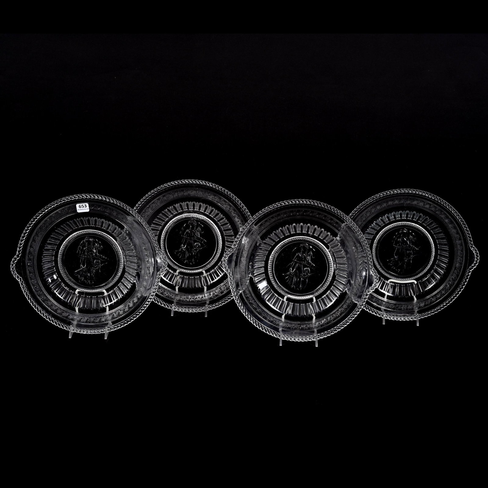 (4) Bread Plates, Cupid And Venus Pattern: (4) Bread Plates, Cupid And Venus Pattern, 10.5", By Richards & Hartley Flint Glass Company, Circa 1875-1884, Bonnie Anderson (Peterson) Collection.
