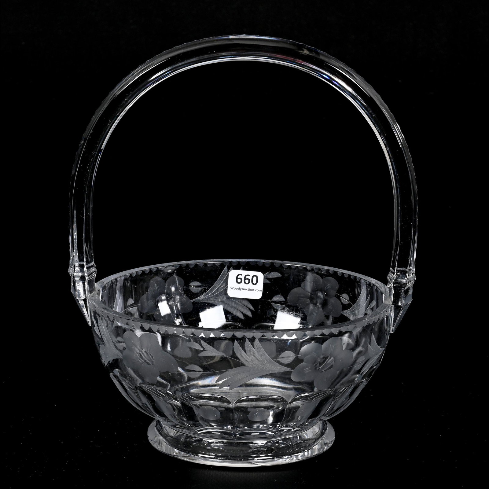 Basket Marked Heisey, Engraved Floral Decor: Basket Marked Heisey, Engraved Floral Decor, 10" x 8.25", Bonnie Anderson (Peterson) Collection.