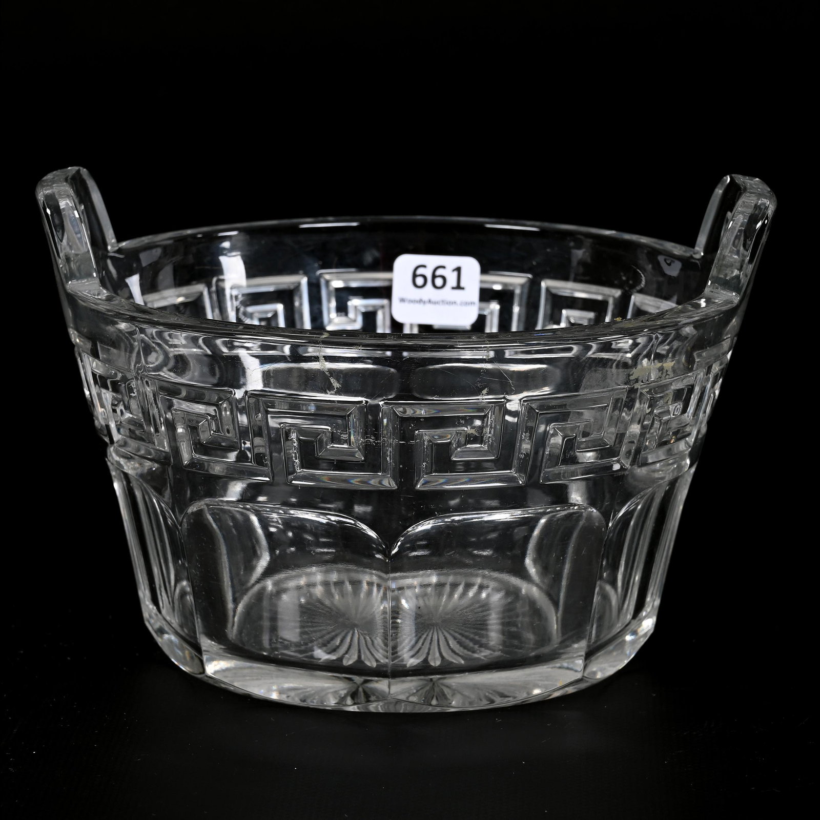 Ice Tub, Tab Handles, Marked Heisey: Ice Tub, Tab Handles, Marked Heisey, 4.75" x 7", Greek Key Pattern, Bonnie Anderson (Peterson) Collection.