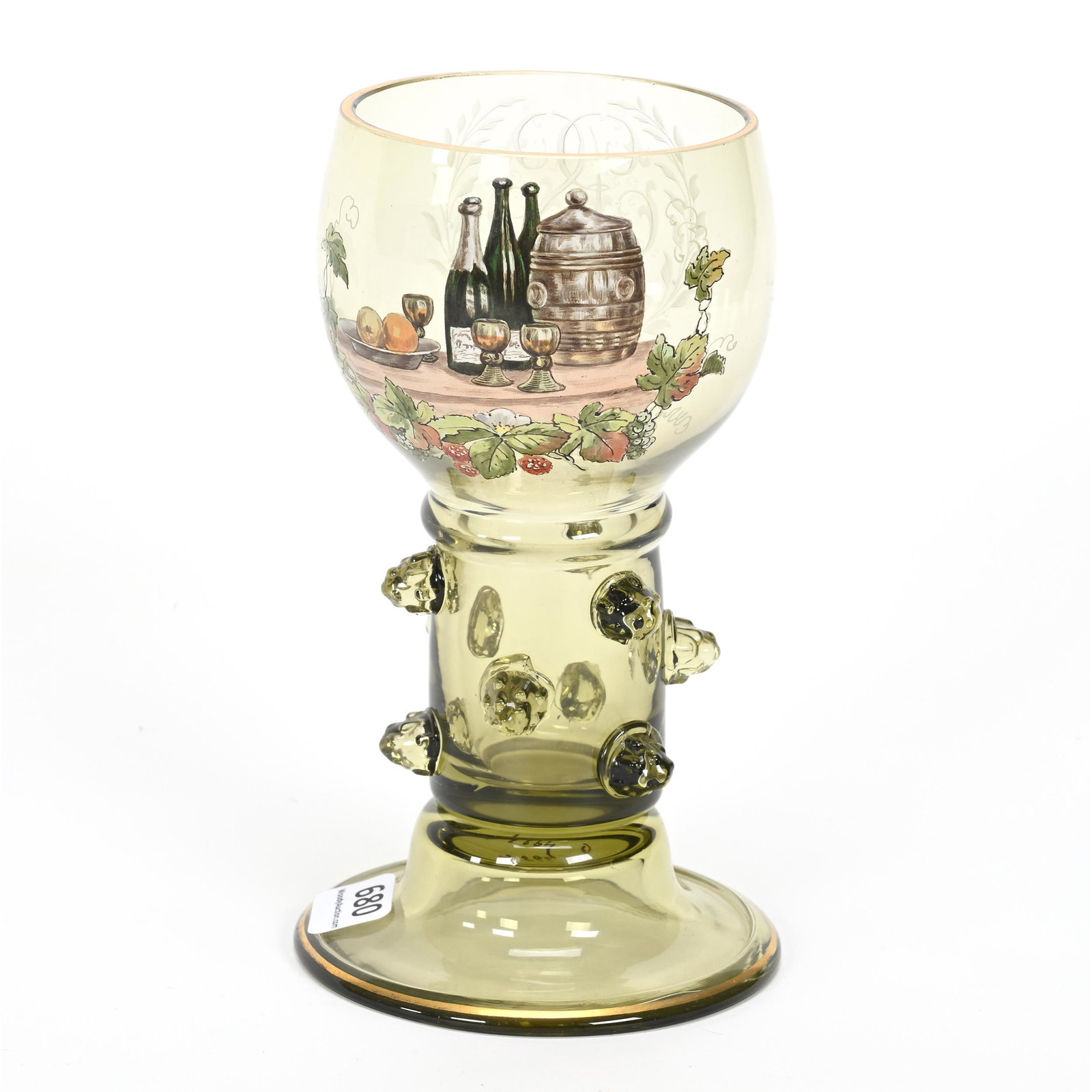 Goblet, Green Bohemian Art Glass: Goblet, Green Bohemian Art Glass, 6.75" x 3.5", Heavy Enamel Still Life Of Wine Bottle, Cask, Goblets & Fruit Bowl On Table, Enamel Fruit Wreath Around Scene, Applied Prunts On Hollow Stem, Engraved M