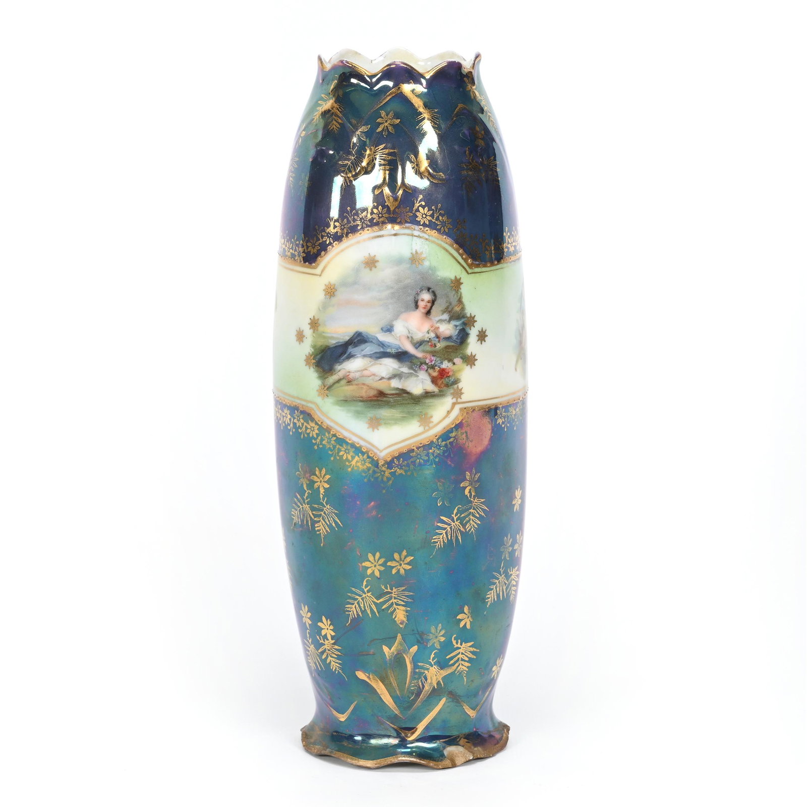 Vase Marked Royal Vienna: Vase Marked Royal Vienna, 8.75" x 3.25", Tiffany Iridescent Background, Scenes Of Diana The Huntress And Reclining Lady, Gold Stencil Highlights, Base Chip, California Personal Collection.