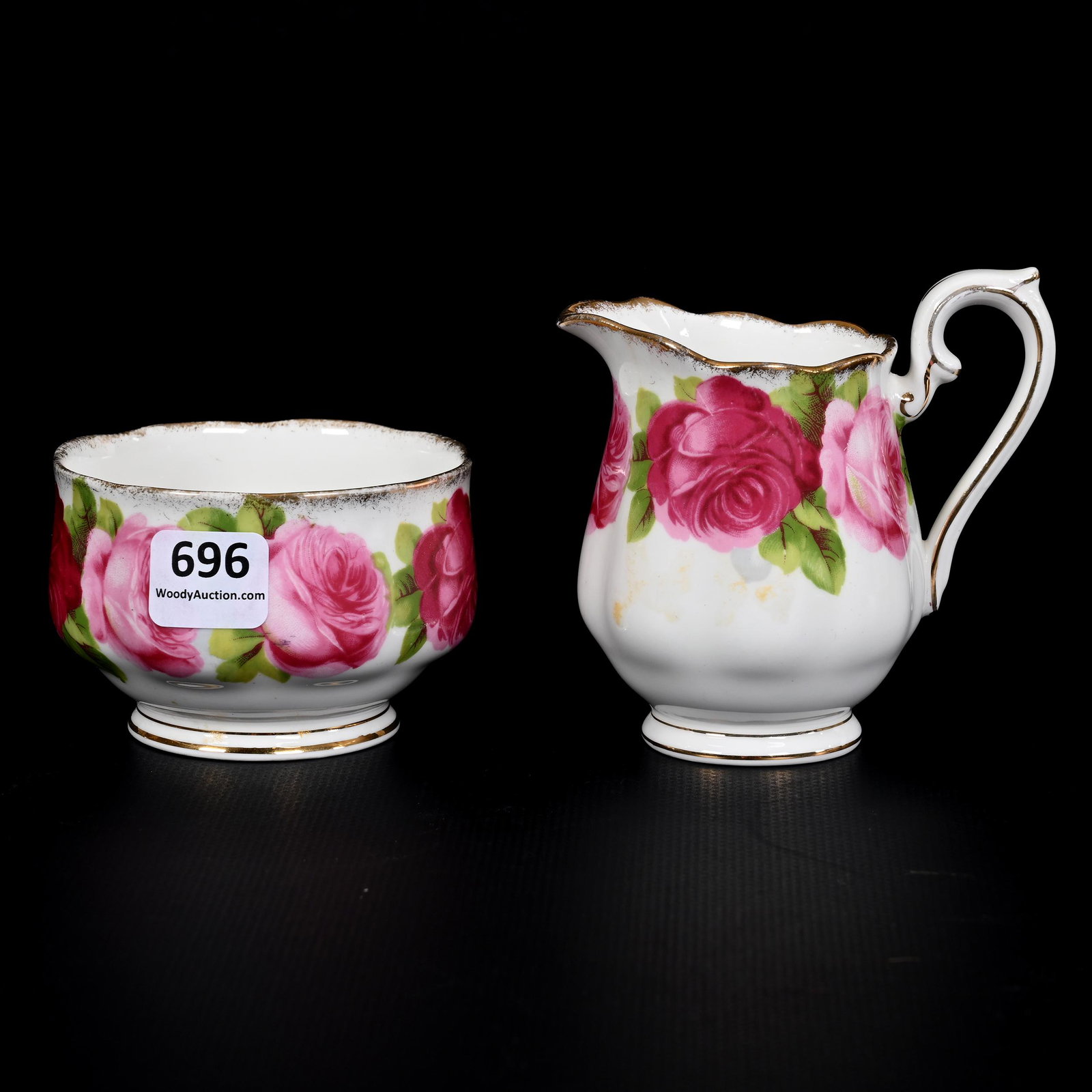 Creamer & Sugar Set Marked Royal Albert Bone China: Creamer & Sugar Set Marked Royal Albert Bone China, 3.25" x 3.5", Old English Rose Pattern, California Personal Collection.