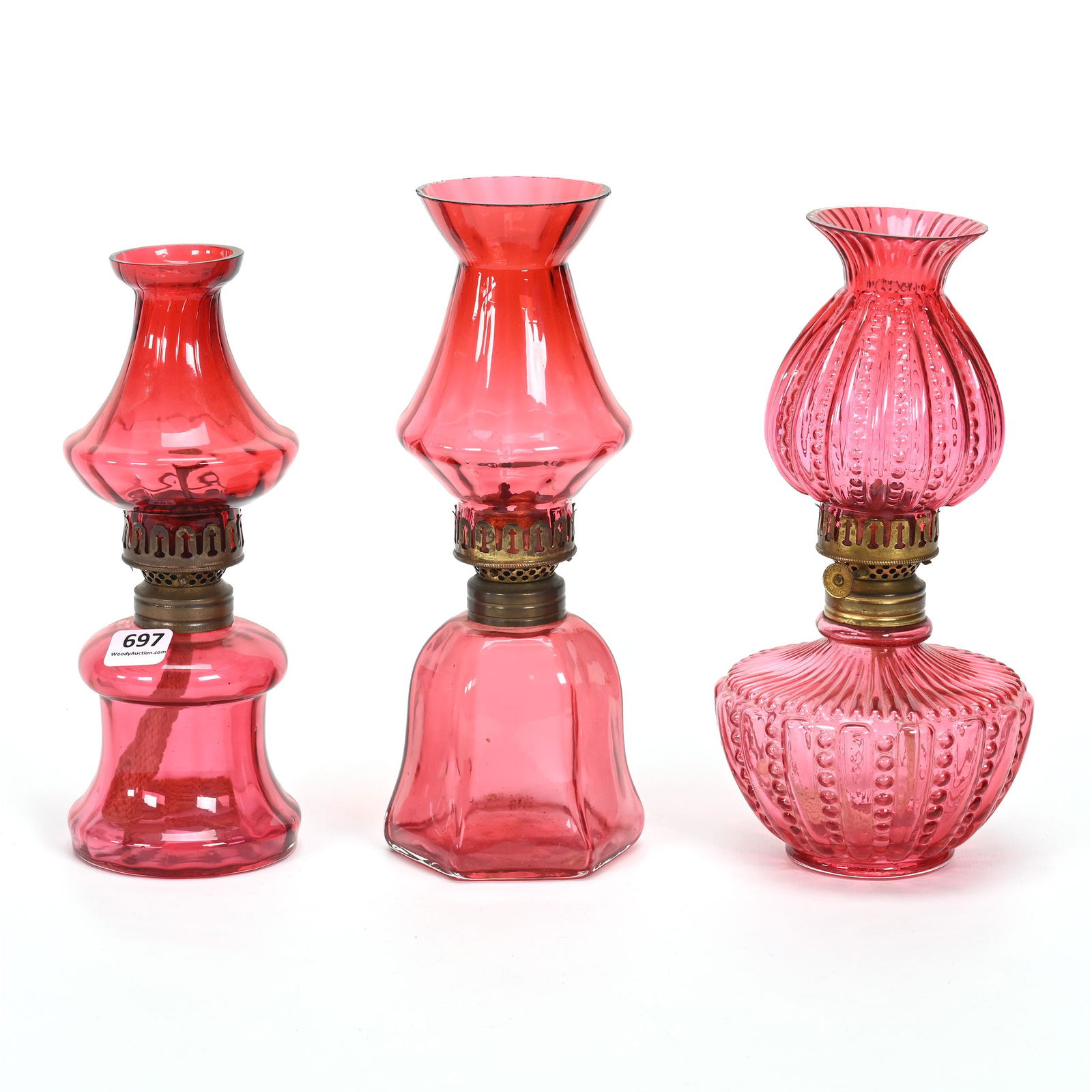 (3) Miniature Cranberry Art Glass Kerosene Lamps (1 of 4)