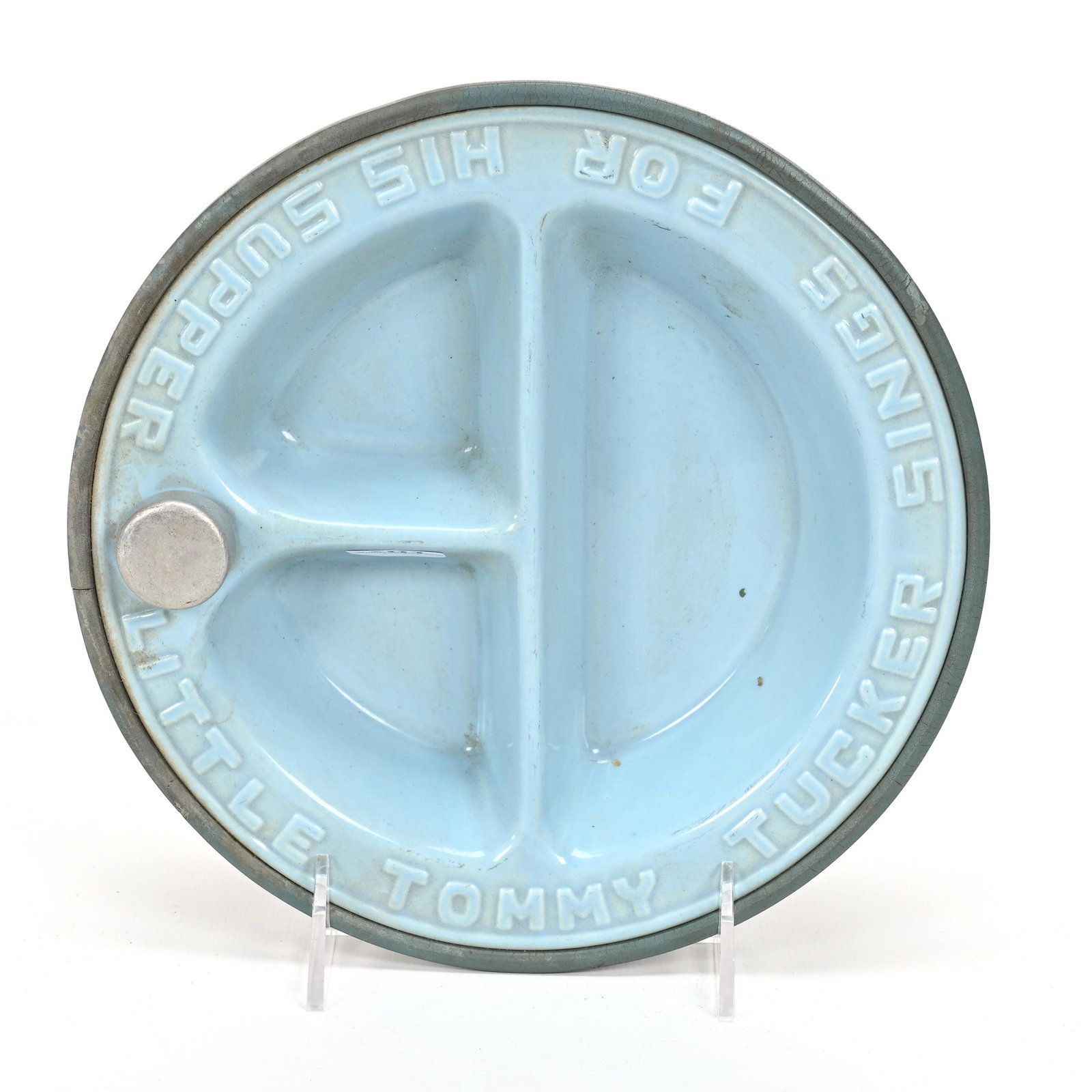 Child's Bowl With Heating Compartment: Child's Bowl With Heating Compartment, 2.5" x 8", "Little Tommy Tucker Sings For His Supper", Blue Set In Aluminum Warmer, California Personal Collection.