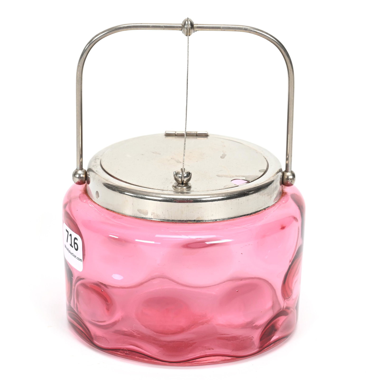 Sweetmeat, Cranberry Coinspot Art Glass: Sweetmeat, Cranberry Coinspot Art Glass, 5.5" x 4.25", Silverplate Mechanical Lid, When Bail Is Pushed Down, The Lid Rises, California Personal Collection.